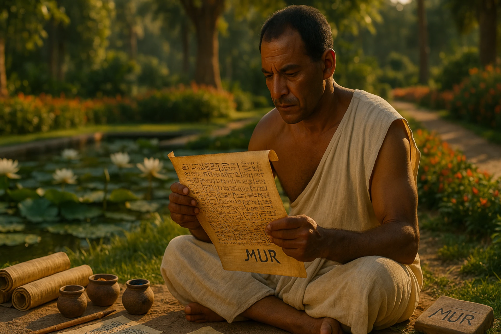 Hombre leyendo un papiro en un jardín del Antiguo Egipto - Historias de la historia del Antiguo Egipto