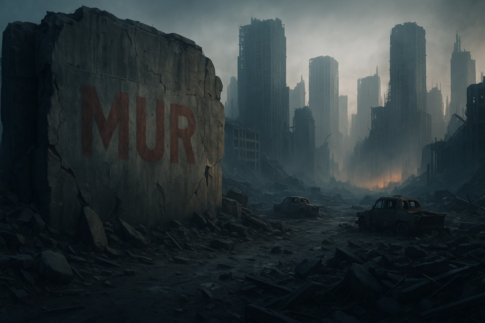 Apocalipsis y el fin del mundo: Paisaje apocalíptico de ciudad destruida con una gran losa de hormigón que muestra la palabra MUR en primer plano