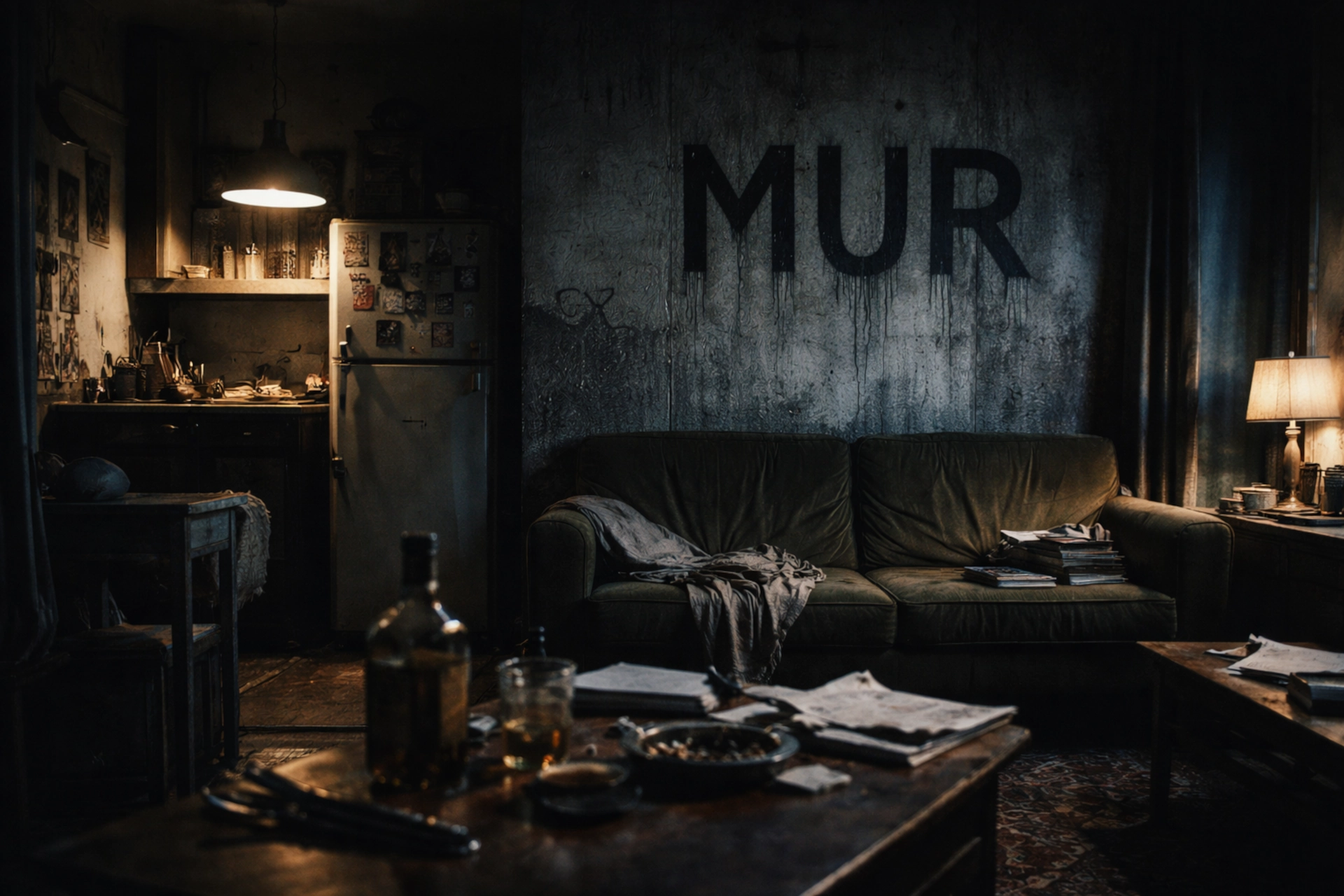 Asesinos caníbales: apartamento europeo oscuro con MUR en la pared, ambiente noir