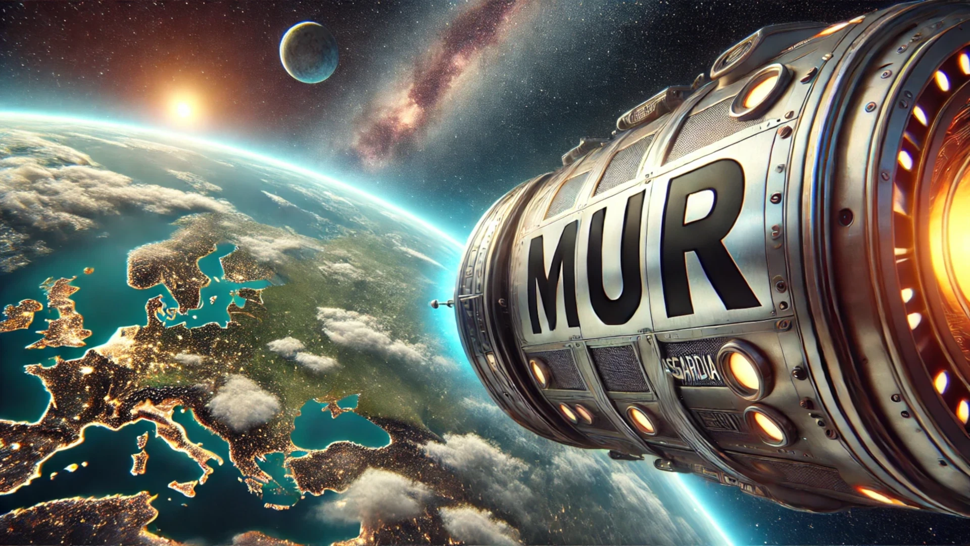 Asgardia: Satélite futurista orbitando la Tierra con la palabra MUR visible, simbolizando la nación espacial Asgardia.