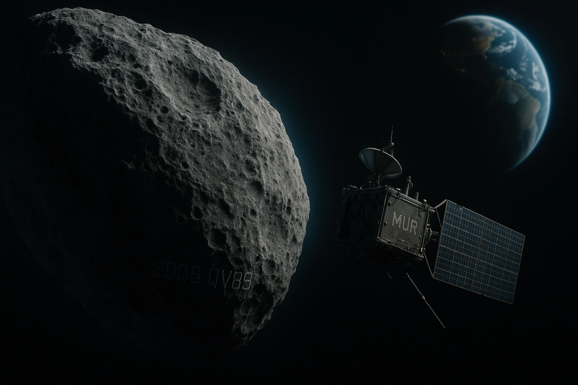 Asteroide septiembre 2019 (2006 QV89) junto a una sonda espacial MUR, con la Tierra al fondo