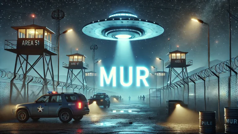 Bases secretas y Ovnis: Base militar secreta de noche con un OVNI sobrevolando, luces intensas, torres de vigilancia y la palabra MUR destacada.