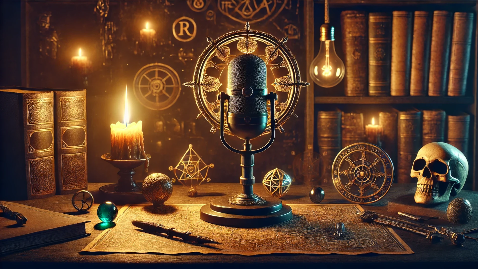 Mesa con un micrófono vintage, libros antiguos, artefactos misteriosos y una calavera, representando la exclusividad y el misterio de Ediciones Especiales MUR.