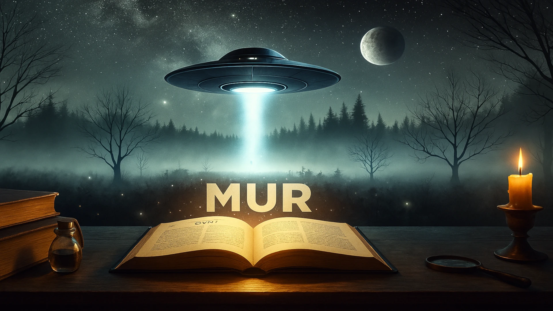 Escena nocturna de un bosque con OVNI y libro iluminado con la palabra MUR, representando casos OVNI y fenómenos inexplicables.