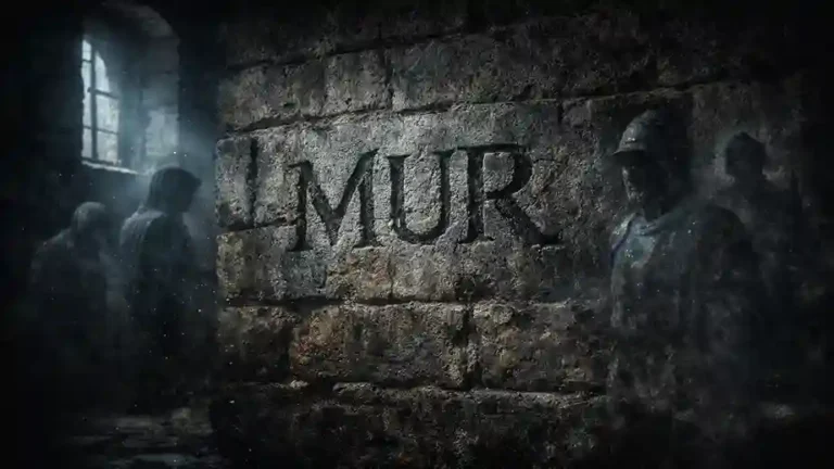 Muro de castillo medieval con “MUR” grabado, sombras fantasmales y atmósfera de castillos y palacios encantados de España