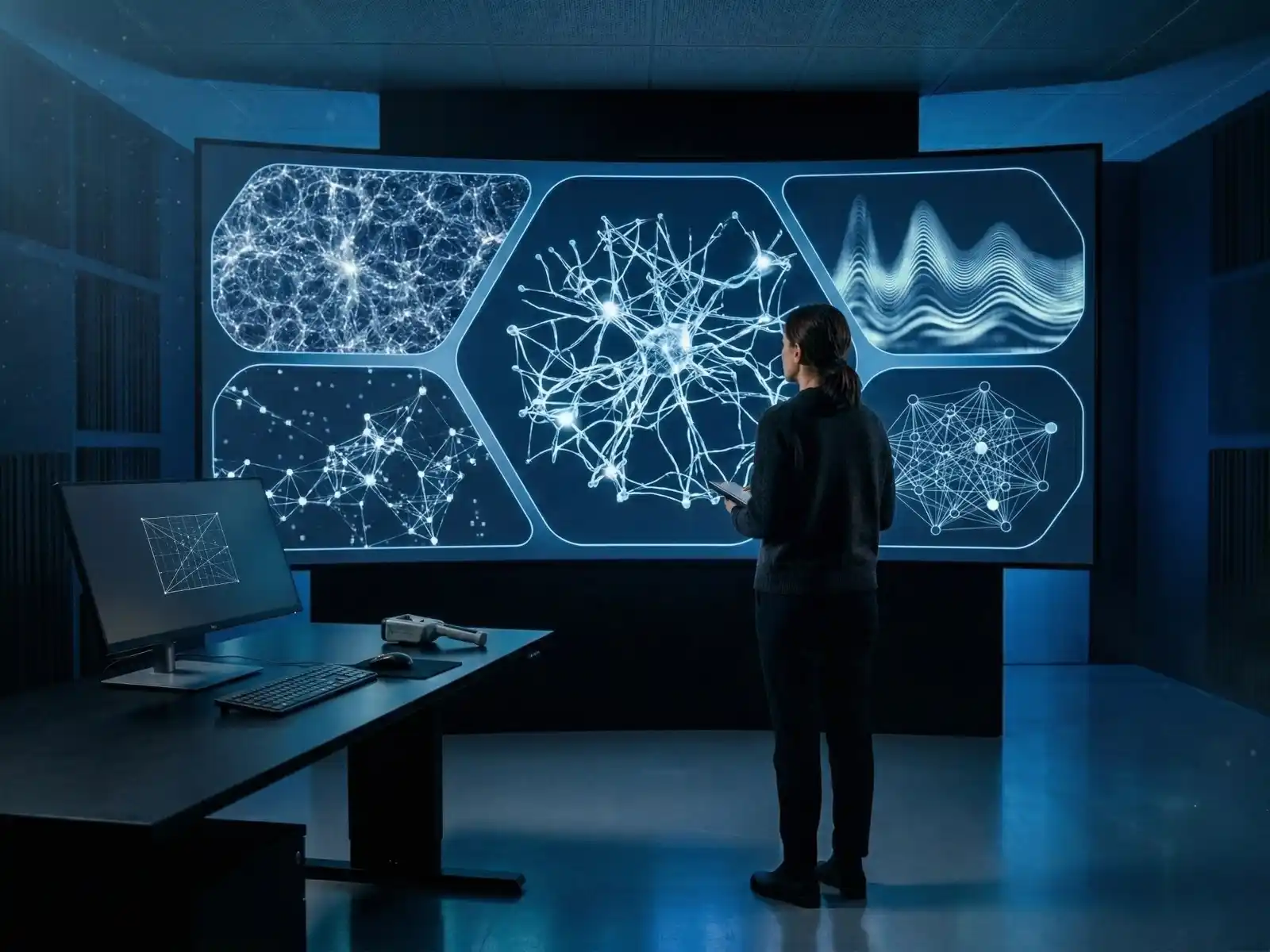 Investigadora observando una gran pantalla de análisis avanzado, imagen representativa de la categoría Ciencia y Tecnología