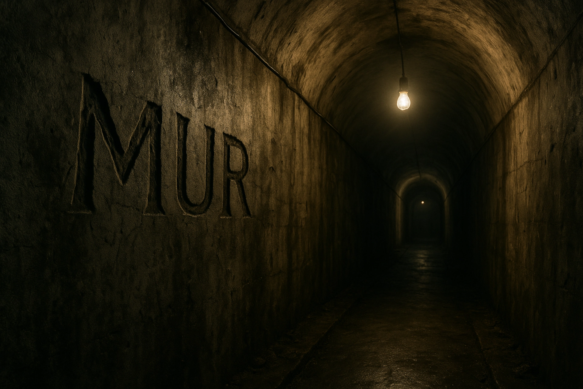 Colonia Dignidad: túnel subterráneo húmedo con “MUR” grabado en una pared de hormigón