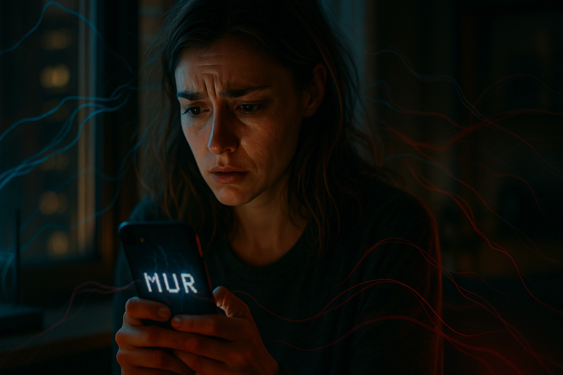 Cómo nos afecta la radiación electromagnética: mujer joven mirando el móvil con gesto de ansiedad mientras las ondas invisibles la rodean.