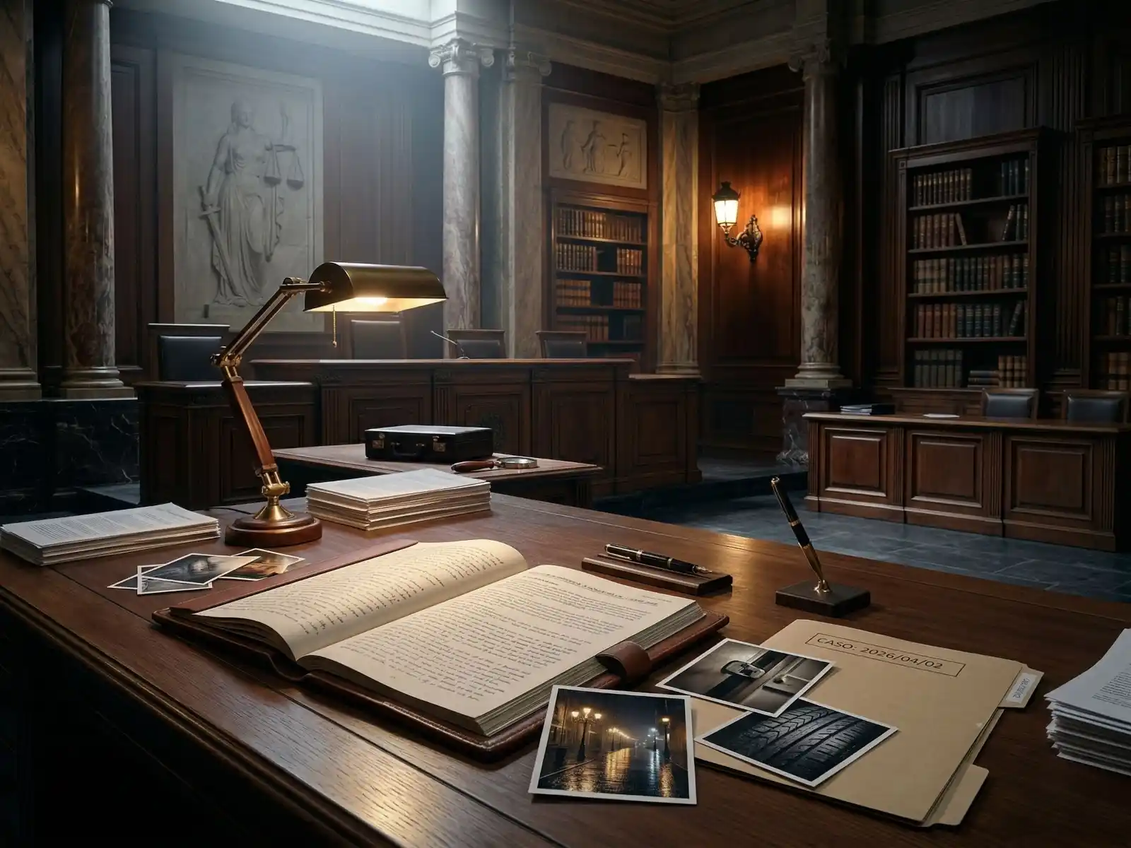 Expediente judicial y pruebas sobre una mesa en una sala institucional, imagen representativa de la categoría Crimen y Justicia