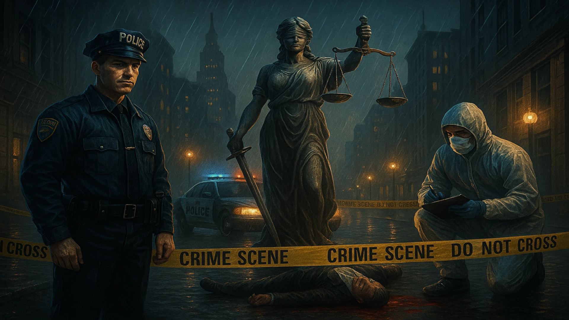 Imagen realista de escena criminal con cinta policial y carpeta de investigación. Representa la categoría Crimen y Justicia del podcast MUR.