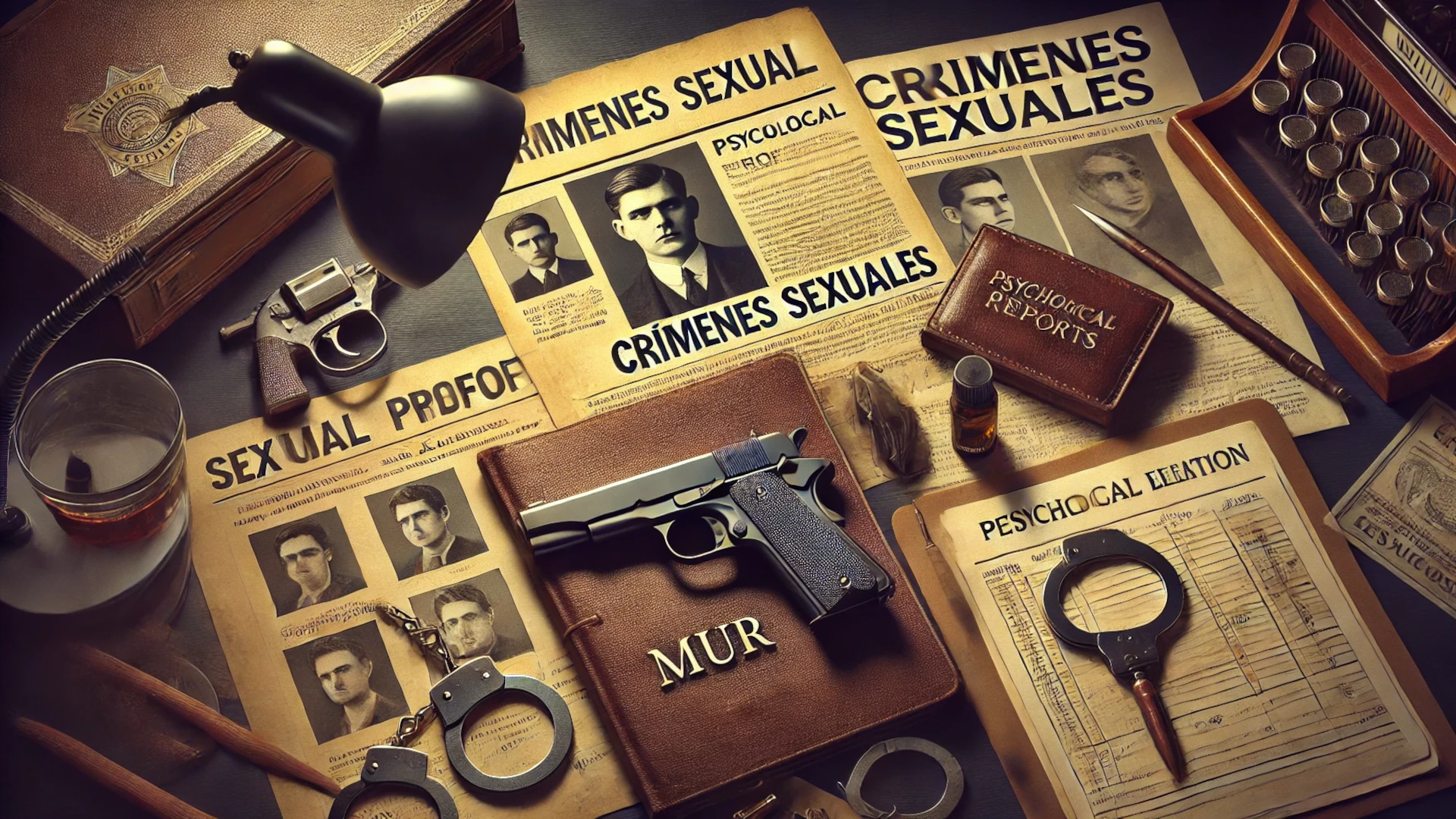 Escritorio forense con pruebas y documentos sobre crímenes sexuales y psicología del agresor