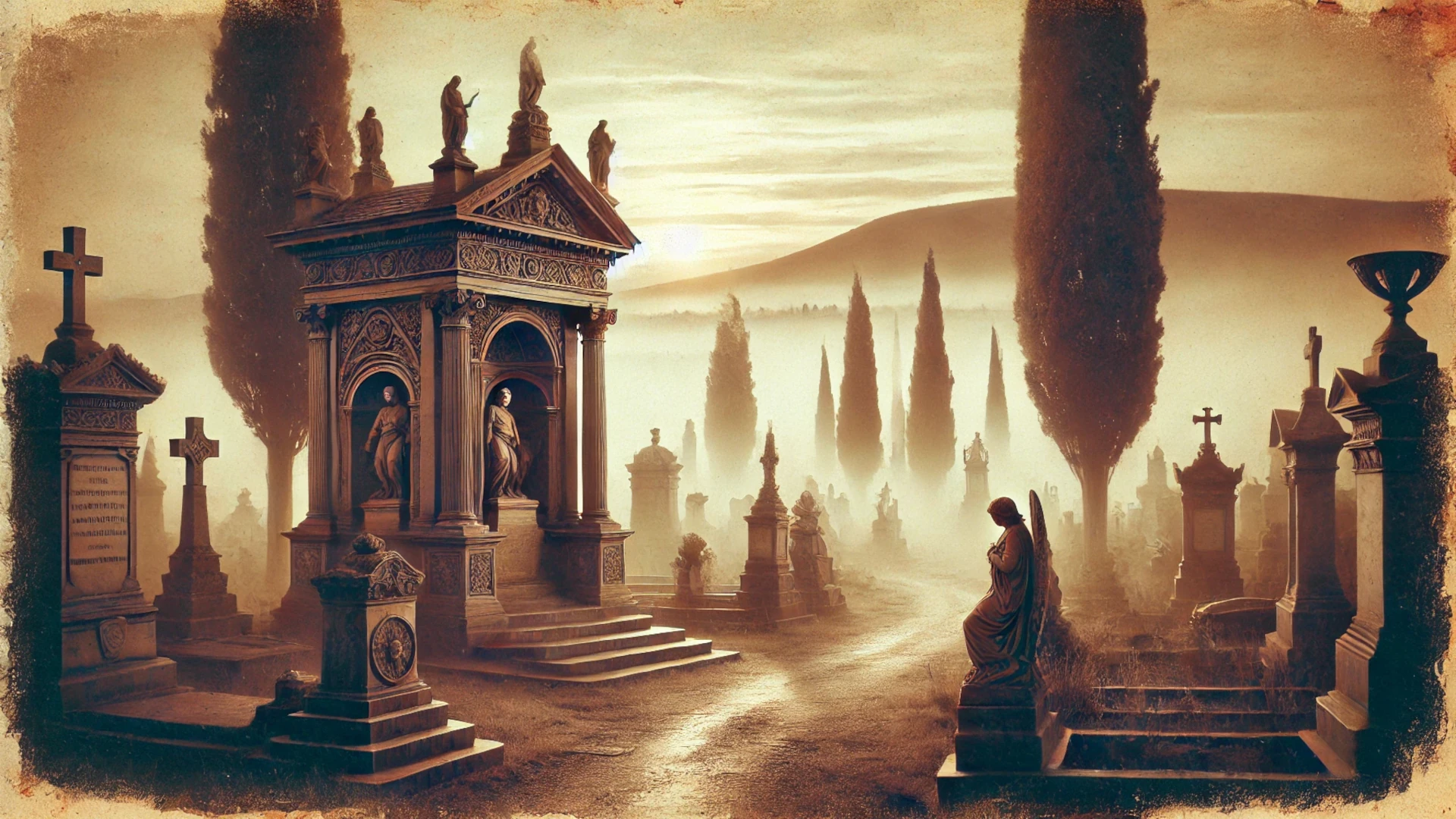 Un cementerio antiguo con esculturas y lápidas artísticas, envuelto en un ambiente de misterio y solemnidad.