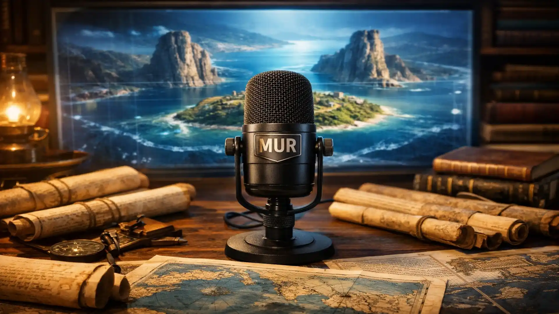 Recreación visual sobre dónde estuvo la Atlántida con micrófono MUR y mapa del golfo de Cádiz al fondo