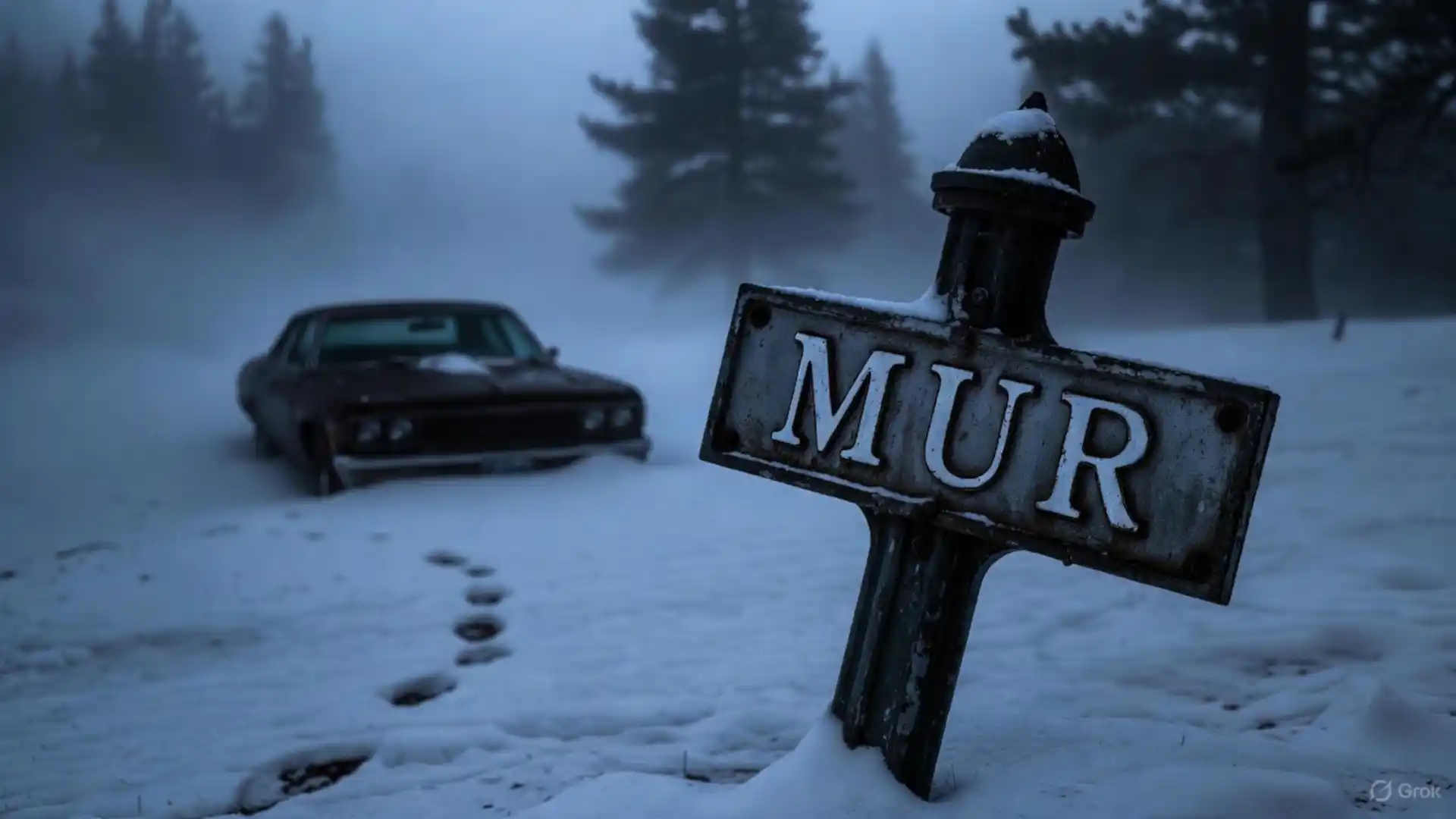 Coche abandonado en la nieve y huellas en un bosque, imagen del misterio del Dyatlov americano (Yuba County Five, 1978)