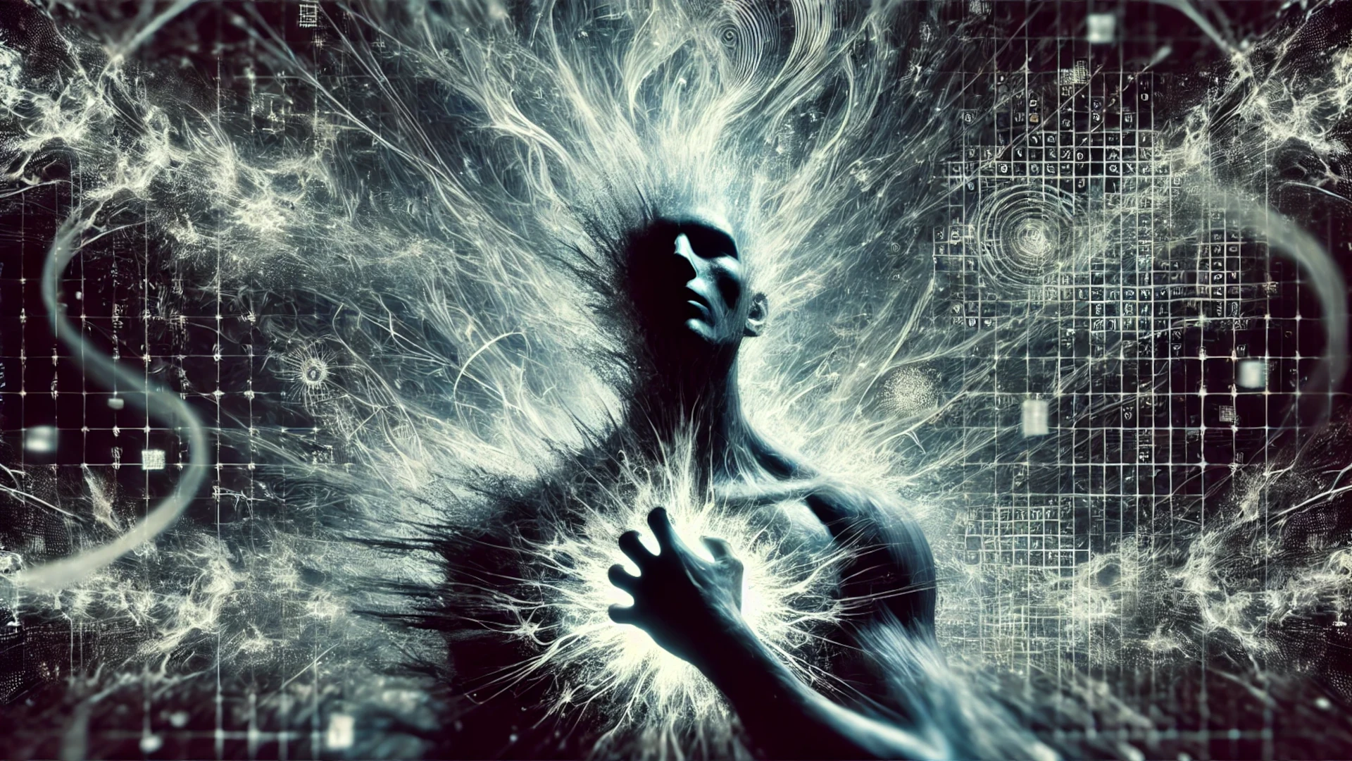 Egrégor espectral emergiendo de pensamientos oscuros en el mundo digital.