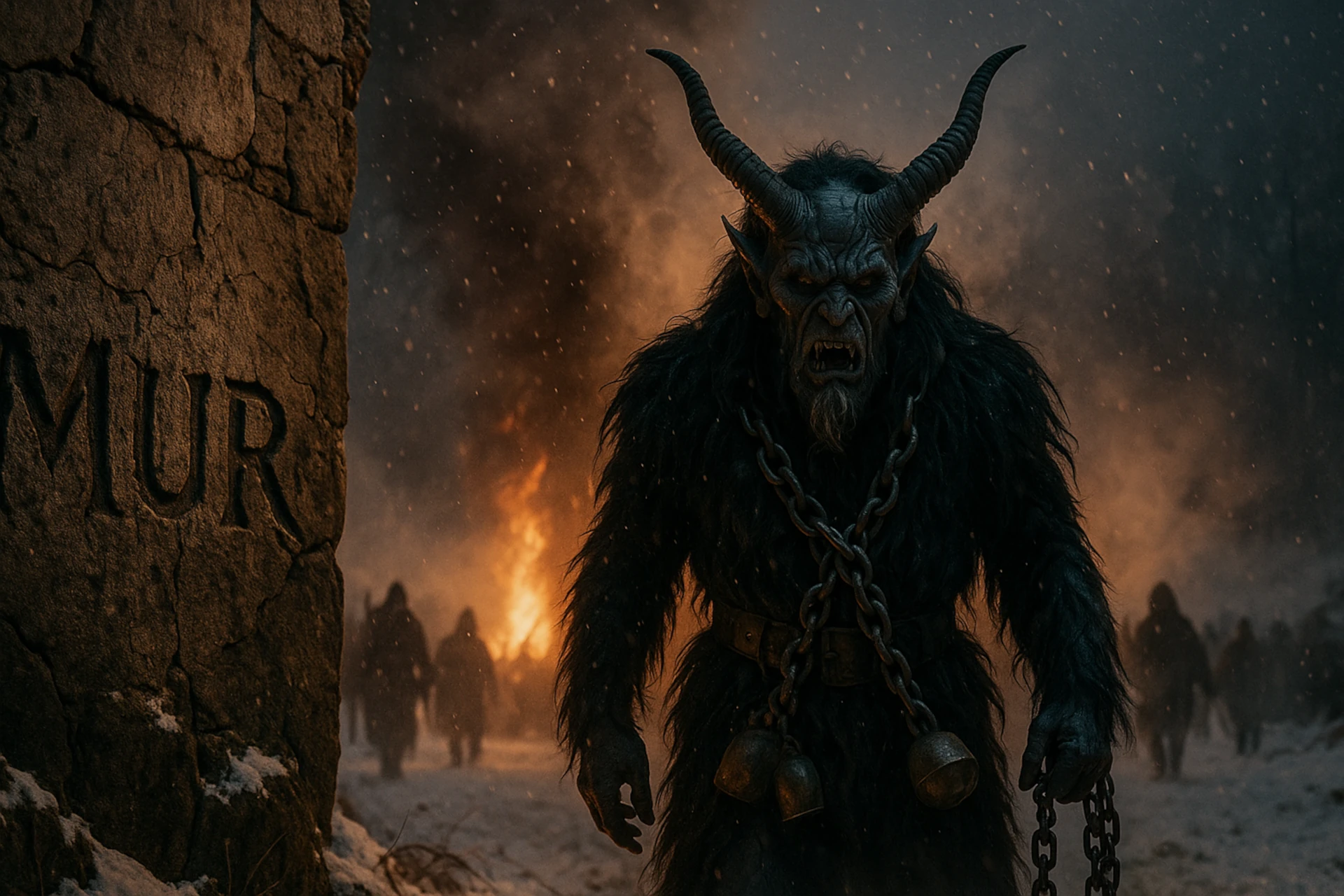 Krampus lidera una procesión invernal bajo las Rauhnächte, con cencerros y hogueras de Yule: el lado oscuro de la Navidad.