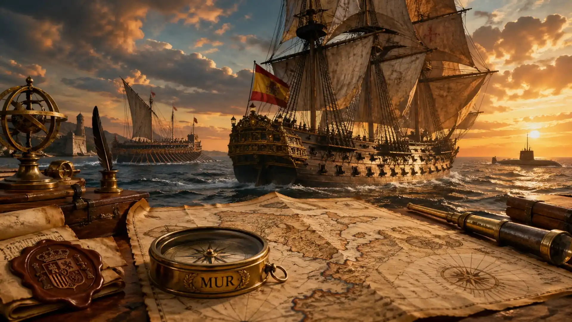 El mar en la historia de España representado con navíos, mapas náuticos antiguos y una brújula con la marca MUR