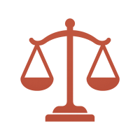 Ícono de balanza legal en tono rojizo, representando justicia y veracidad en casos criminales. Balanza de la justicia en color rojizo, símbolo del equilibrio legal y la búsqueda de la verdad.