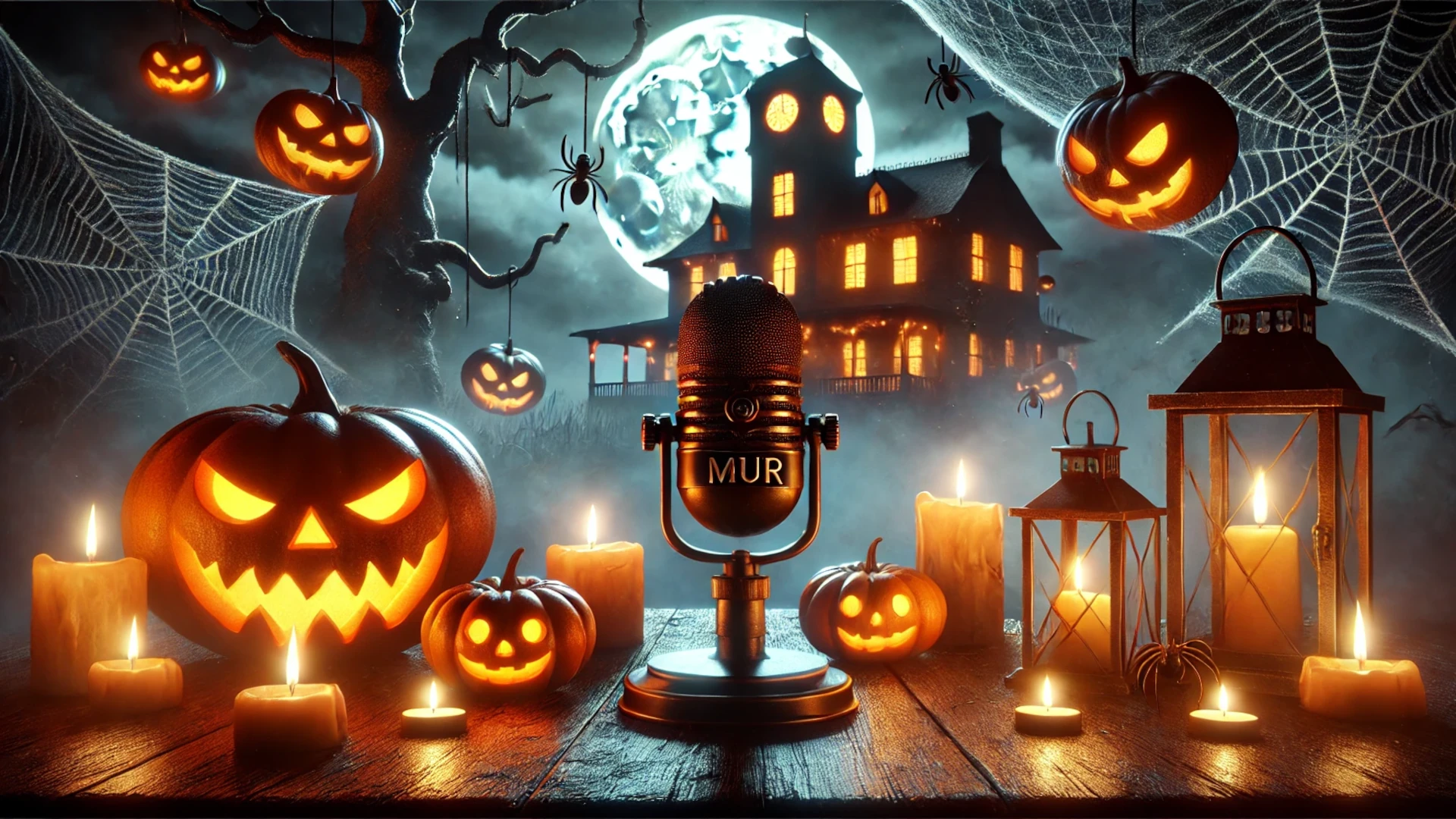 Relatos de Halloween: MUR especial Halloween con historias de oyentes, calabazas iluminadas, micrófono y casa encantada al fondo.