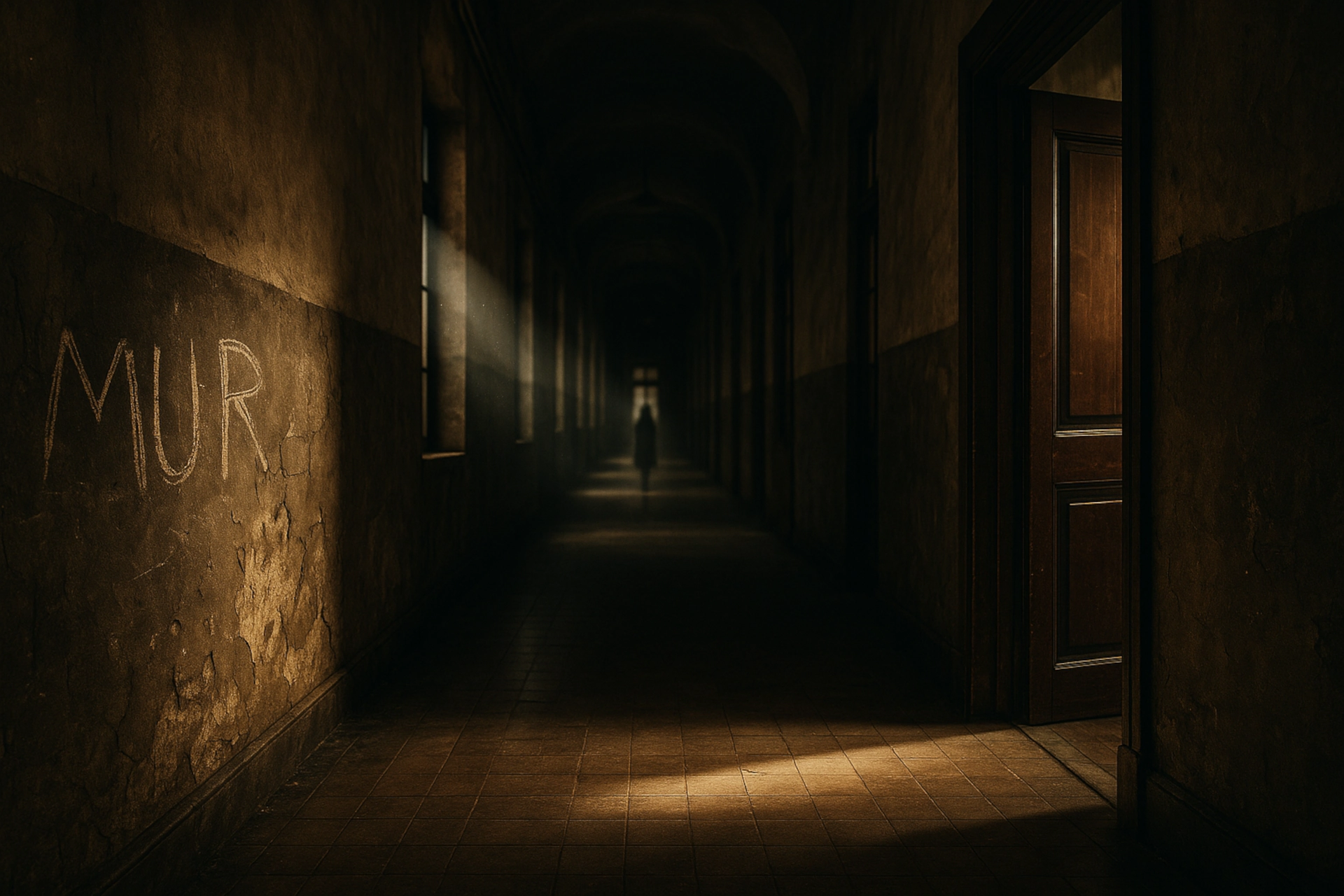 Pasillo de un colegio encantado en Triana relacionado con fenómenos paranormales en Triana, con la palabra MUR en la pared y una niña al fondo.