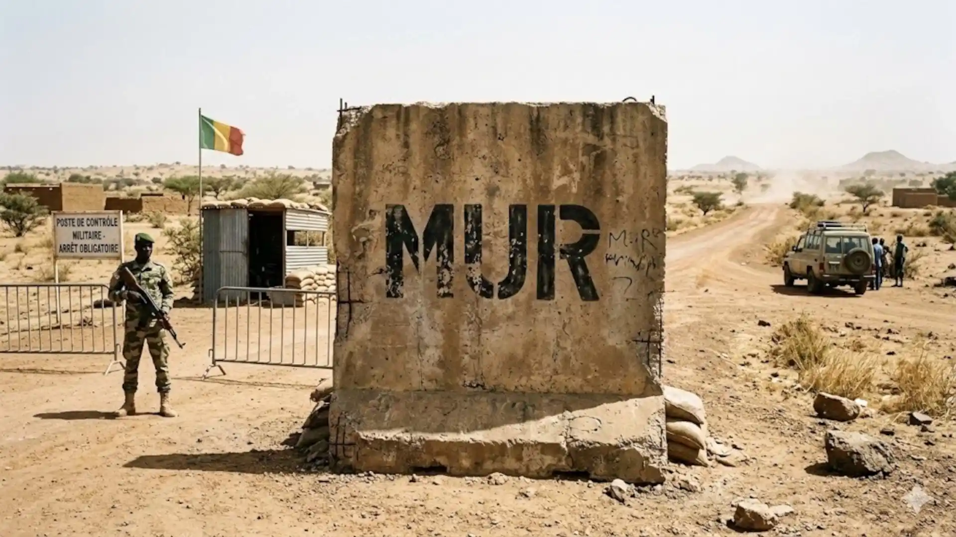 Checkpoint militar en Mali en el Sahel con un muro de hormigón que muestra “MUR”, imagen para artículo sobre geopolítica del Sahel