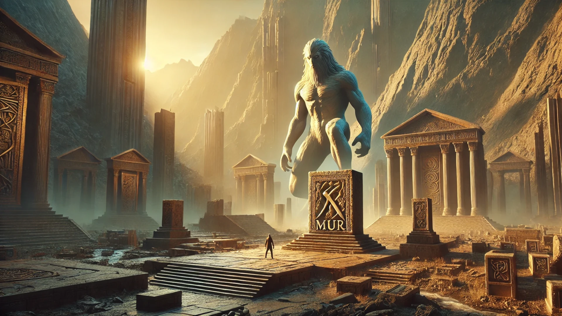 Gigantes Nephilim en ruinas arqueológicas antiguas con la palabra MUR inscrita en piedra.