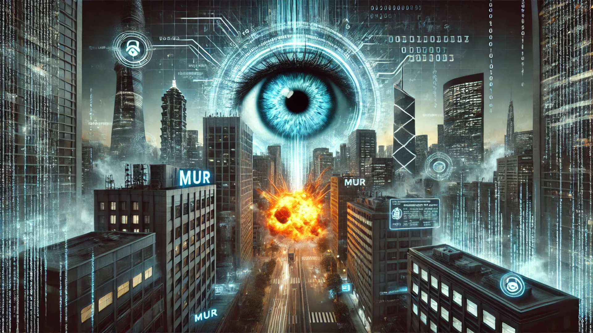 Ilustración digital que fusiona tecnología, caos informativo y elementos oscuros, representando la conspiración entre hackers y el 11M.