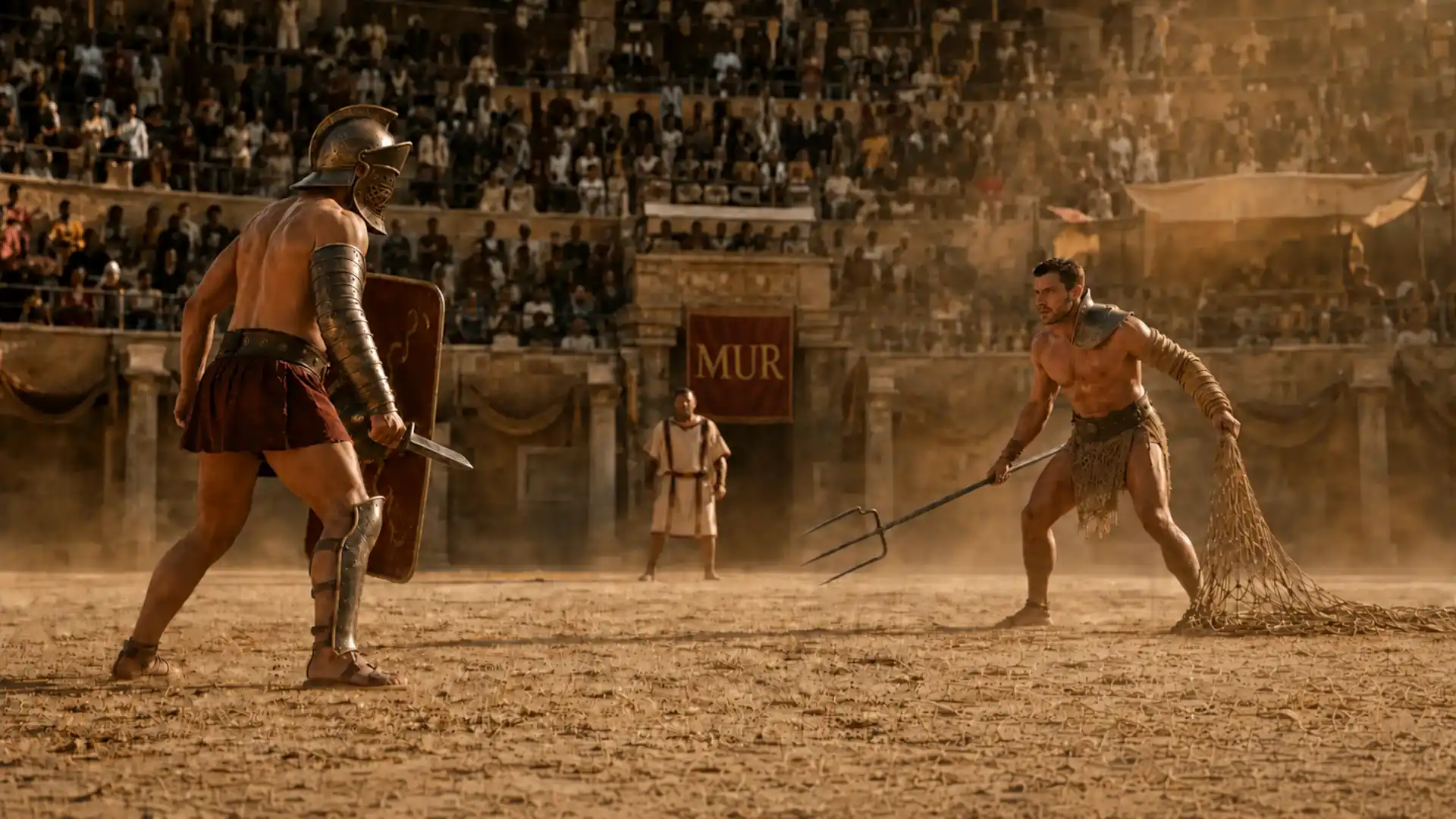Historia de los gladiadores romanos recreada en un combate entre un reciario y un mirmillón