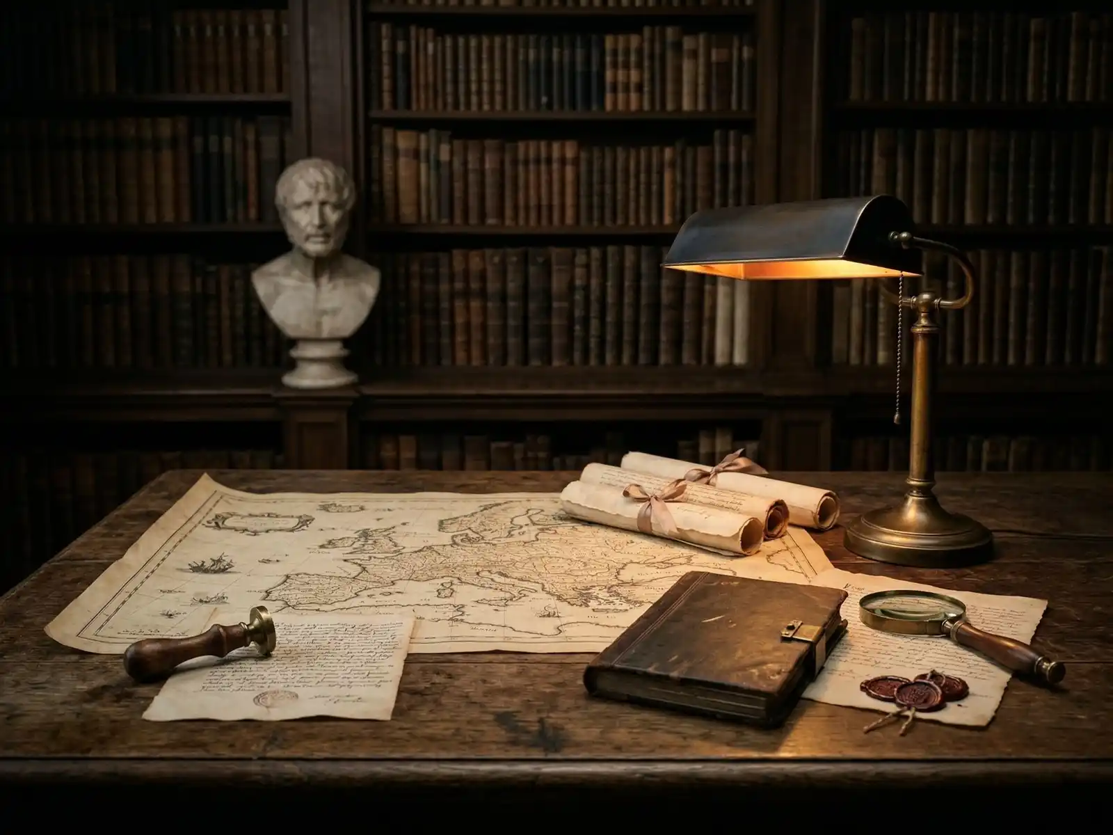 Mesa con mapa antiguo, documentos y busto clásico, imagen representativa de la categoría Historia y Conspiraciones