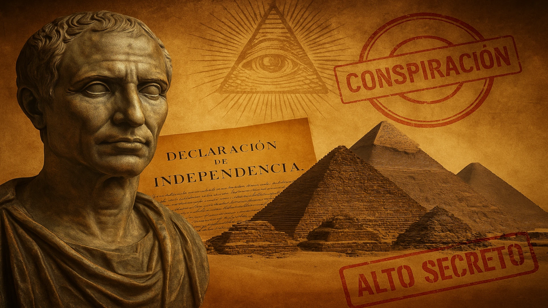 Representación visual de historia y conspiraciones con busto romano, documentos antiguos, pirámides y símbolos secretos como el ojo que todo lo ve.