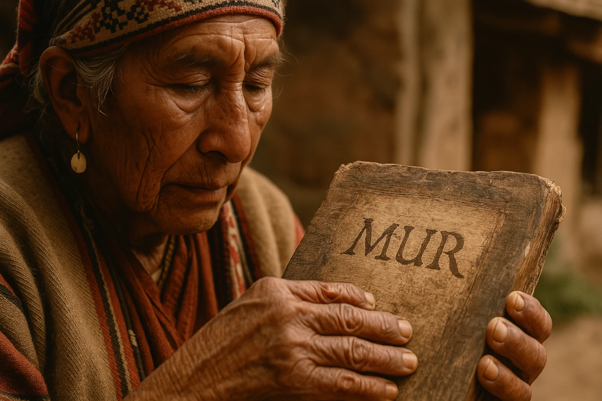 Historia del curanderismo: Anciano curandero indígena examinando un códice antiguo con la palabra MUR grabada.