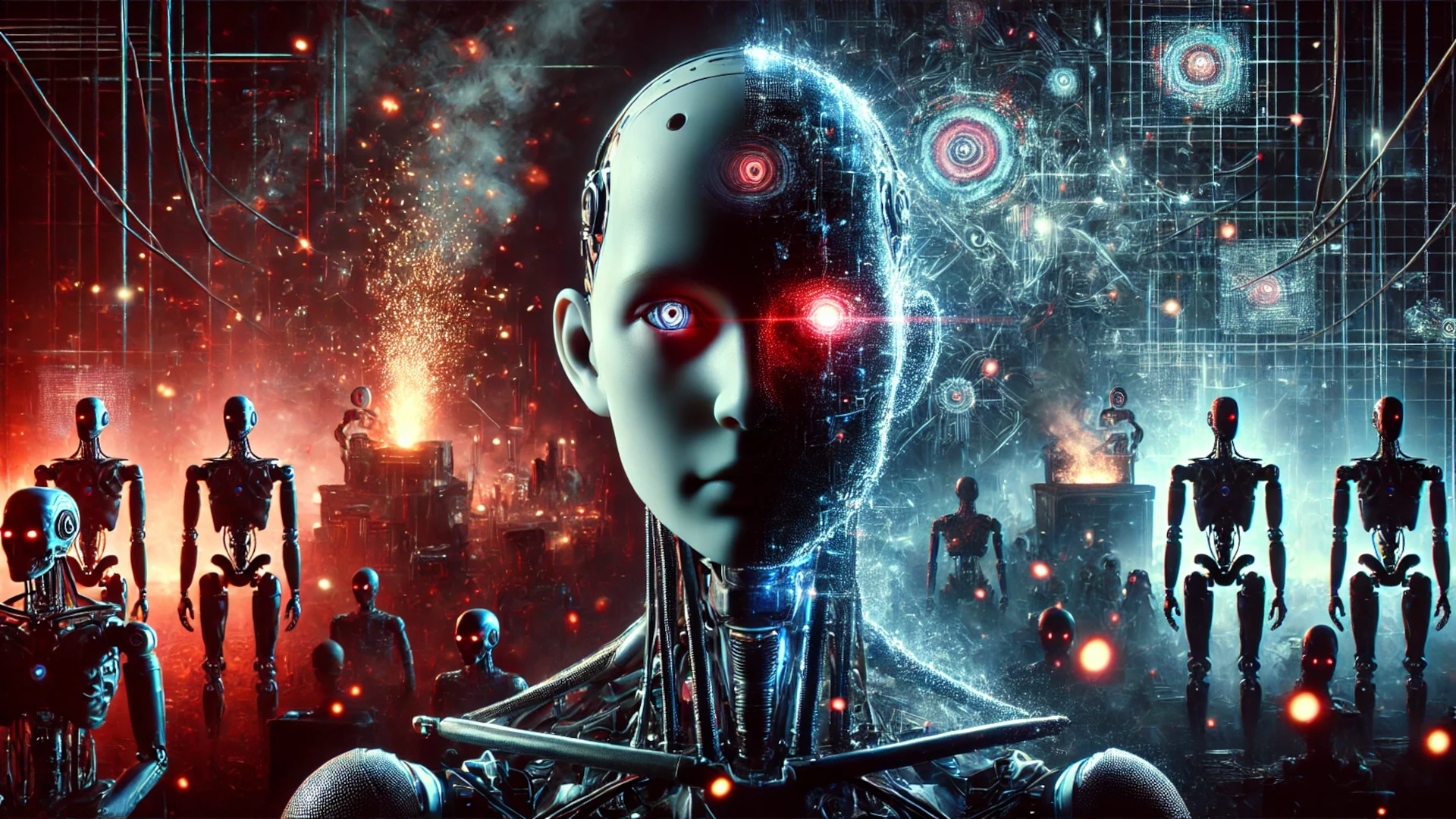 Ilustración de una inteligencia artificial con un rostro humanoide en un entorno oscuro, simbolizando el potencial avance y los temores apocalípticos asociados.