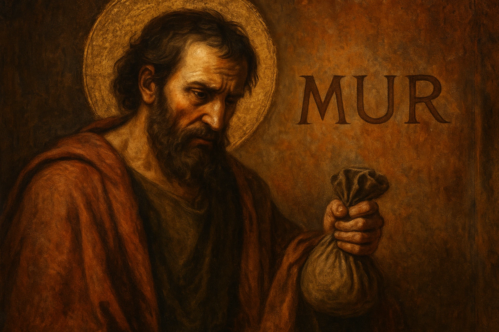 Judas Iscariote con bolsa de monedas, representado en estilo clásico