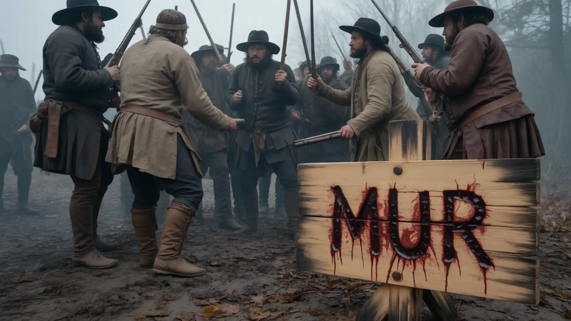 La conquista del Oeste y el genocidio indígena: colonos ingleses armados en un conflicto con un cartel “MUR” en primer plano
