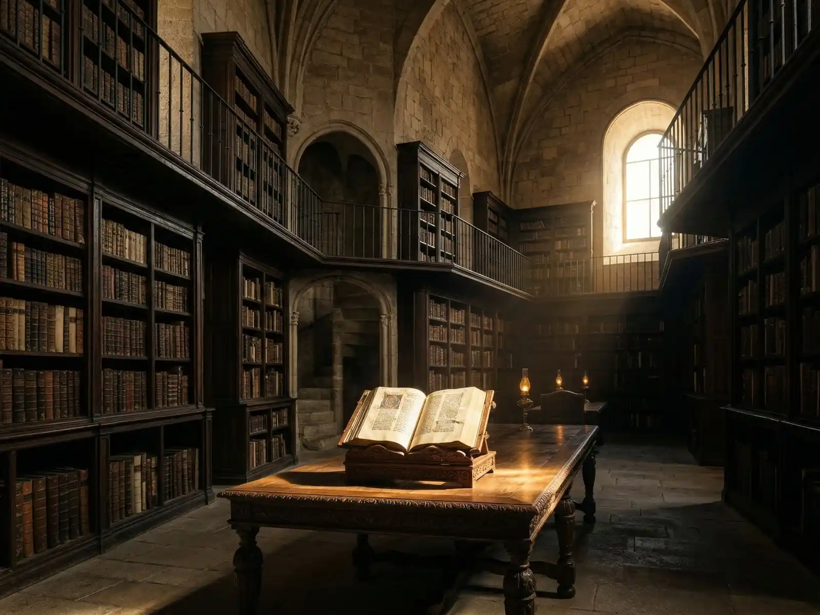 Biblioteca antigua con un libro abierto sobre una mesa, imagen representativa de La Cripta del Saber
