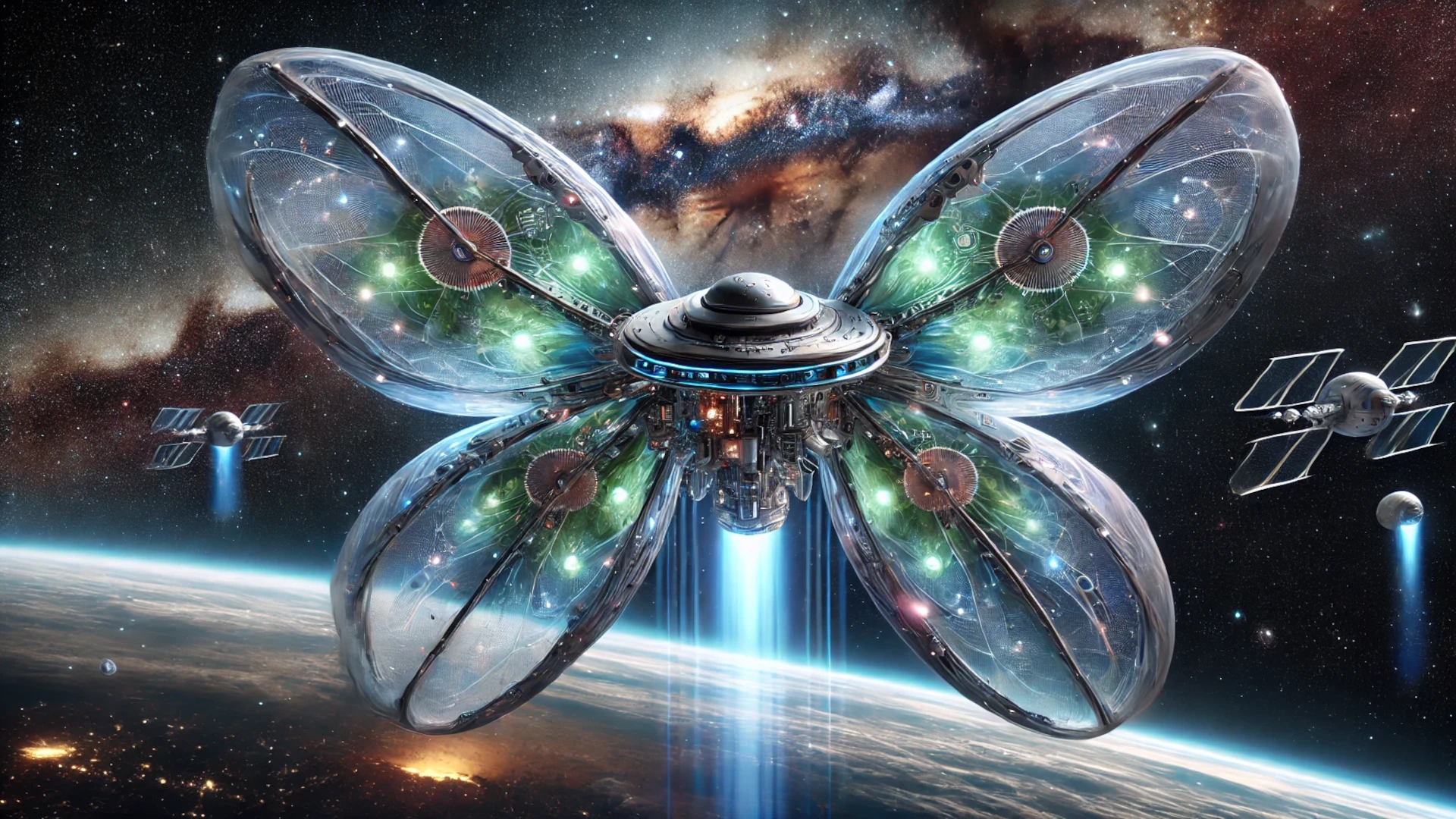 Nave espacial futurista con forma de mariposa en el espacio exterior, rodeada de galaxias y satélites.