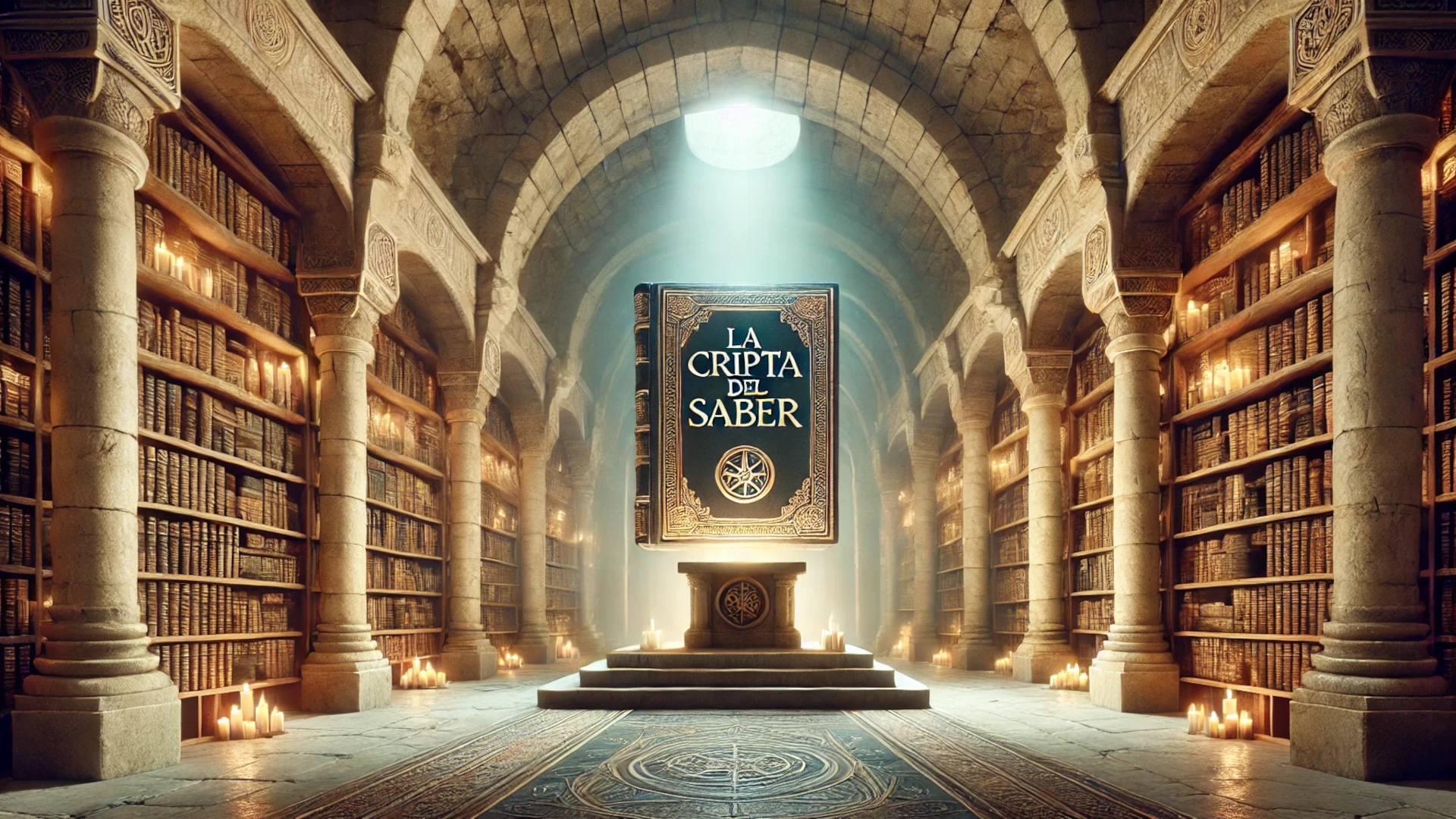 Cripta antigua convertida en biblioteca secreta, imagen para tienda de libros La Cripta del Saber.