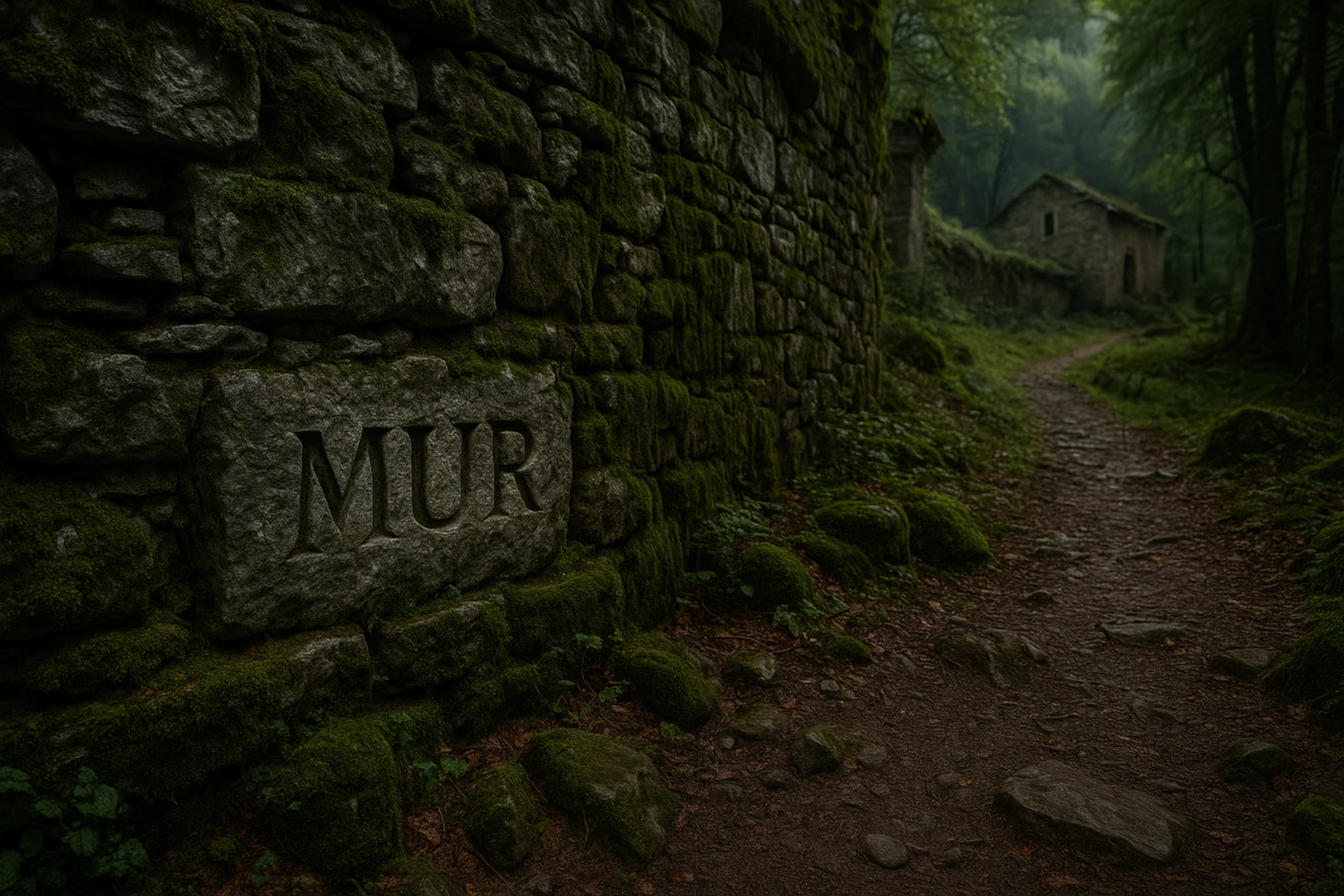 Muro de piedra antiguo cubierto de musgo en un bosque del Pirineo aragonés, con “MUR” grabado y una senda hacia una ermita — leyendas de Aragón.
