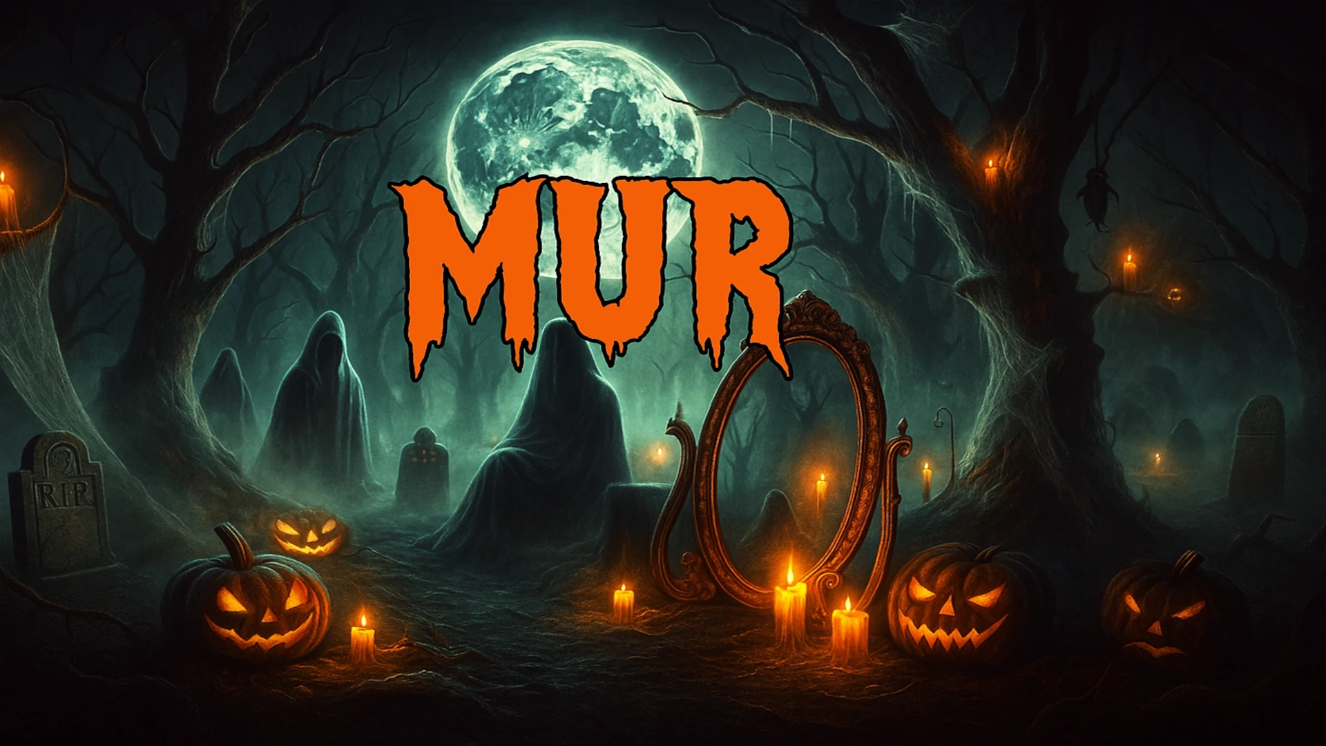 Leyendas de terror para Halloween representadas en una escena con calabazas, luna llena y la palabra MUR