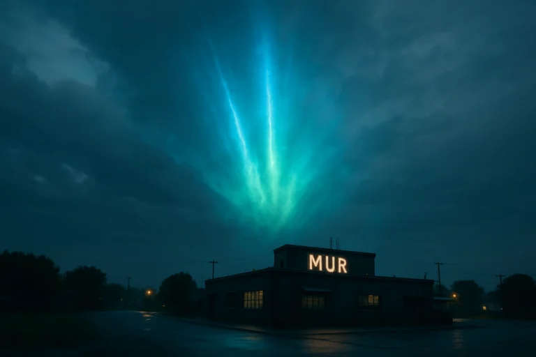 Luces extrañas en el cielo con destellos azules y verdes sobre un edificio con el rótulo MUR, de noche
