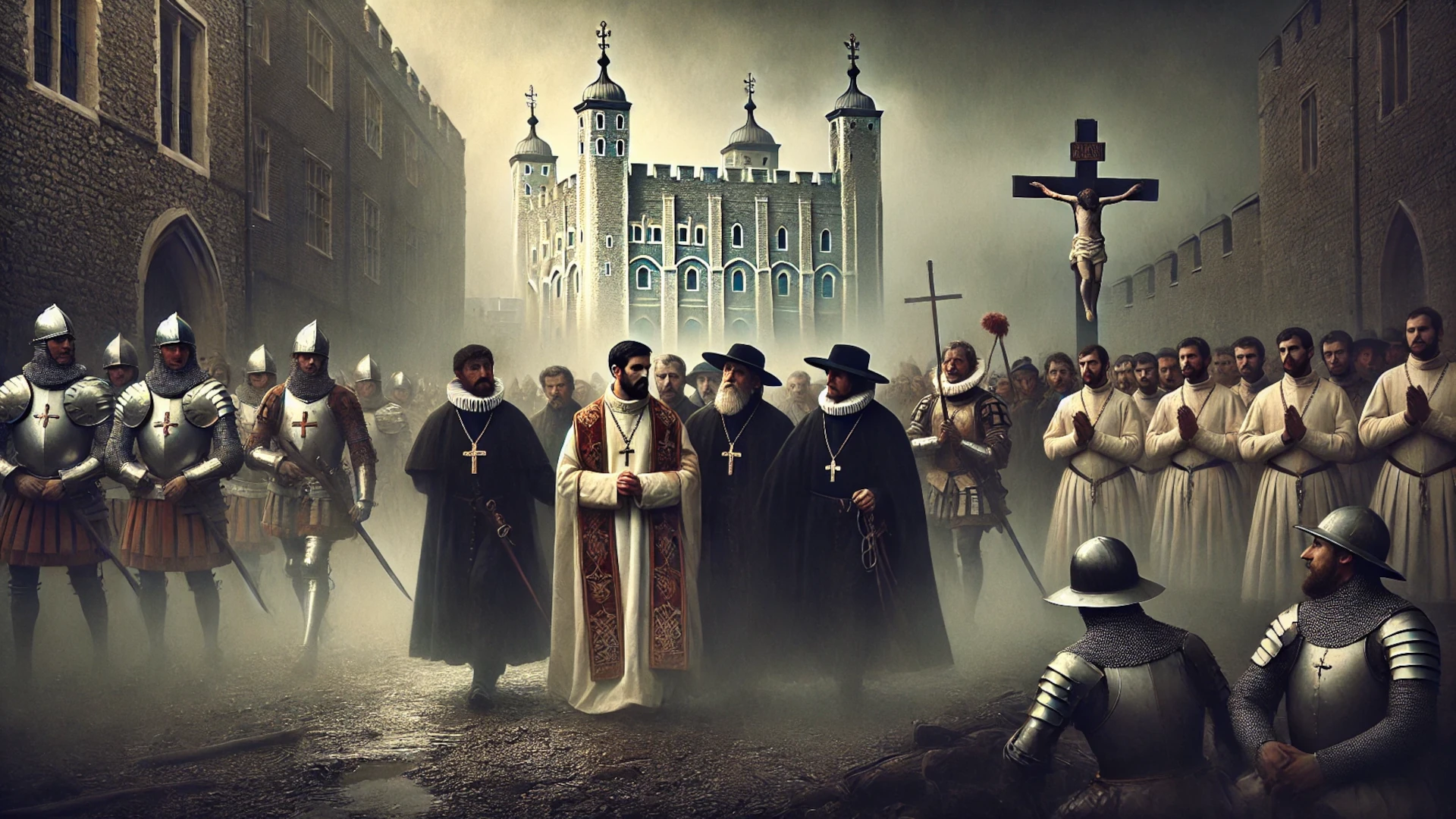 Escena de la persecución de los mártires de Inglaterra en la era Tudor, con prisioneros católicos escoltados por guardias hacia su ejecución, simbolizando la lucha por la libertad religiosa.