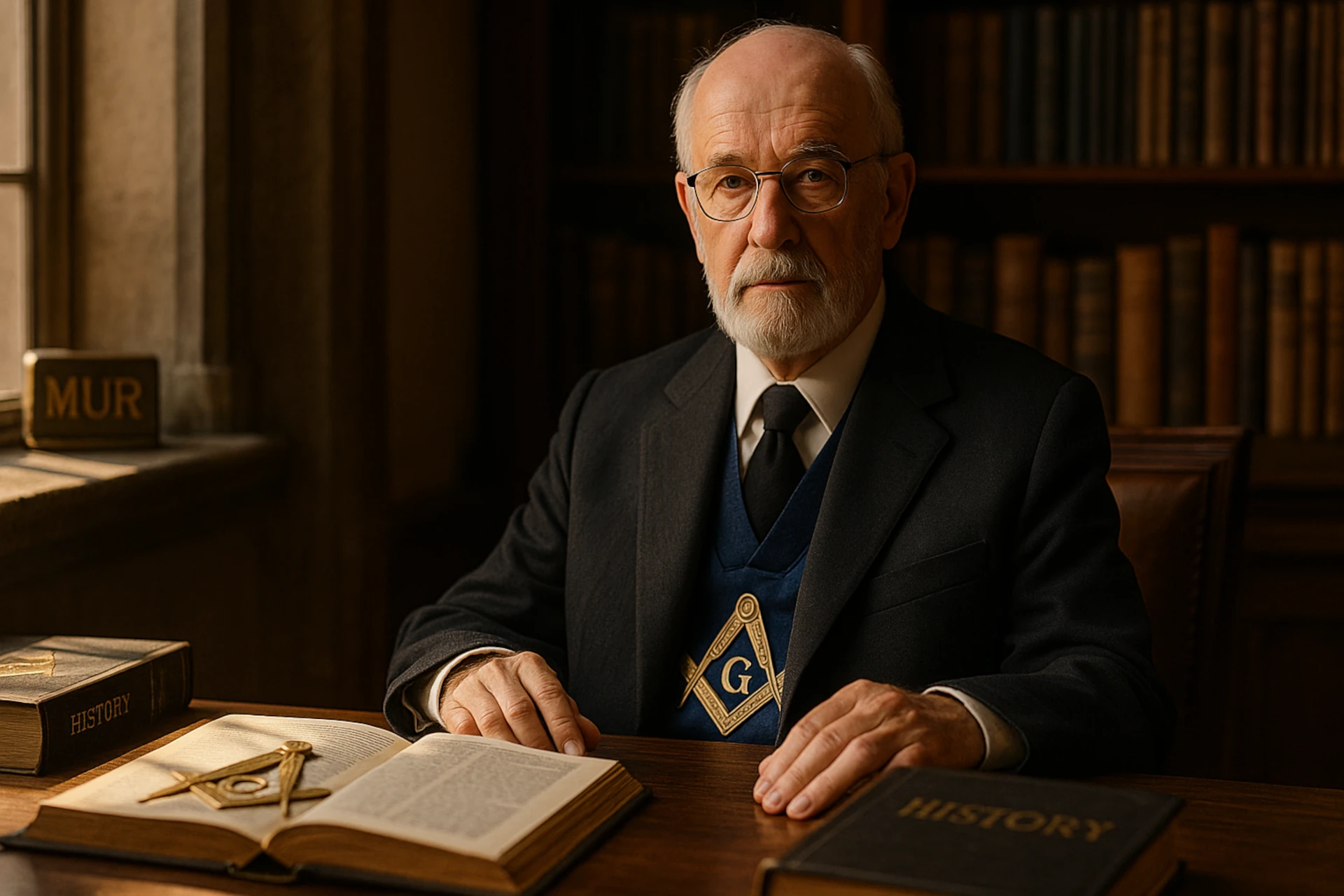 Masonería en España: Representación de un Masón español en biblioteca con compás y escuadra