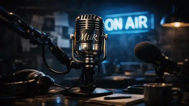 Estudio profesional de uno de los mejores podcast de misterio con micrófono vintage y ambiente oscuro