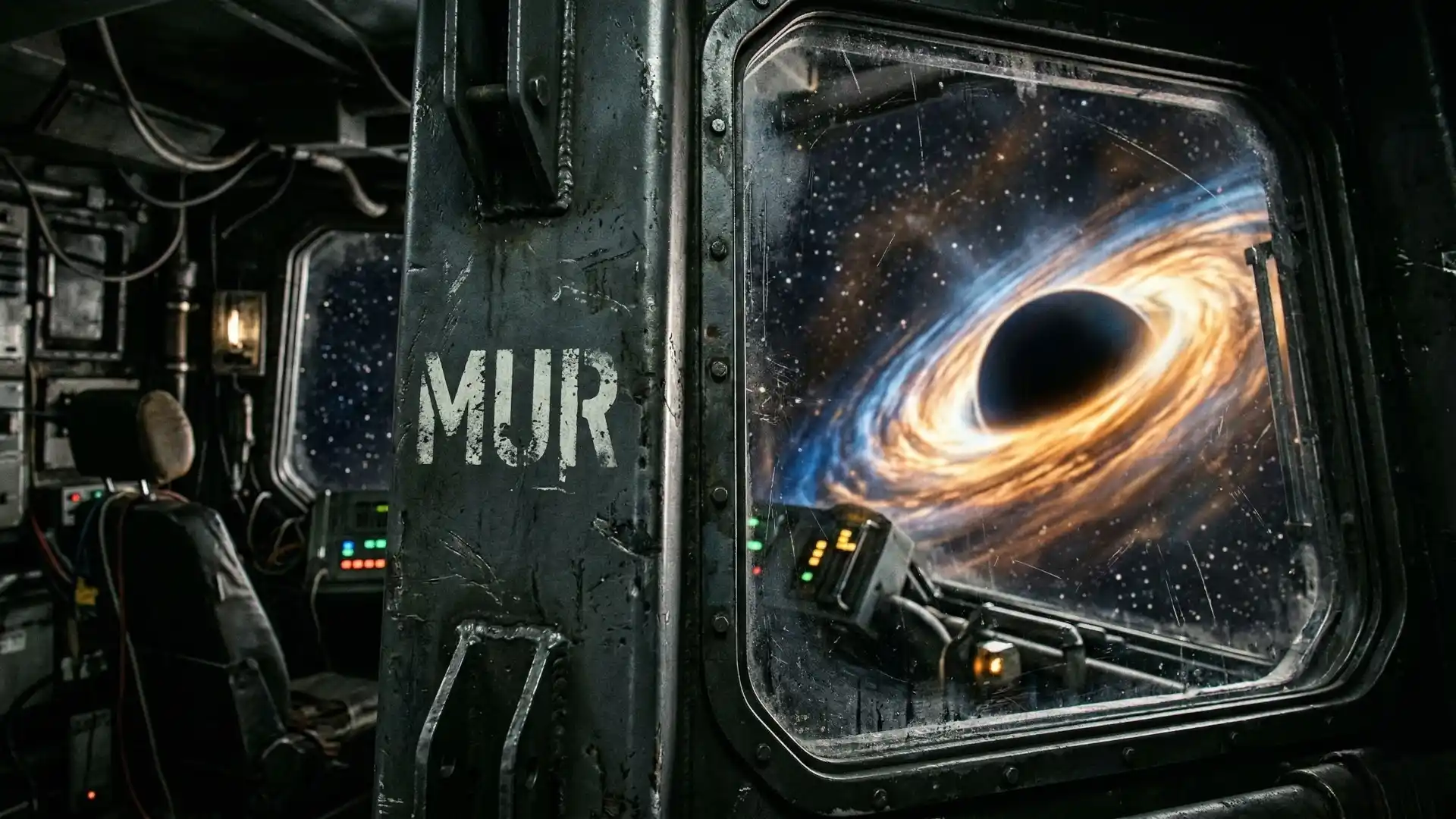 Misterios de los agujeros negros, imagen de una nave espacial con un agujero negro visto desde la ventana en MUR