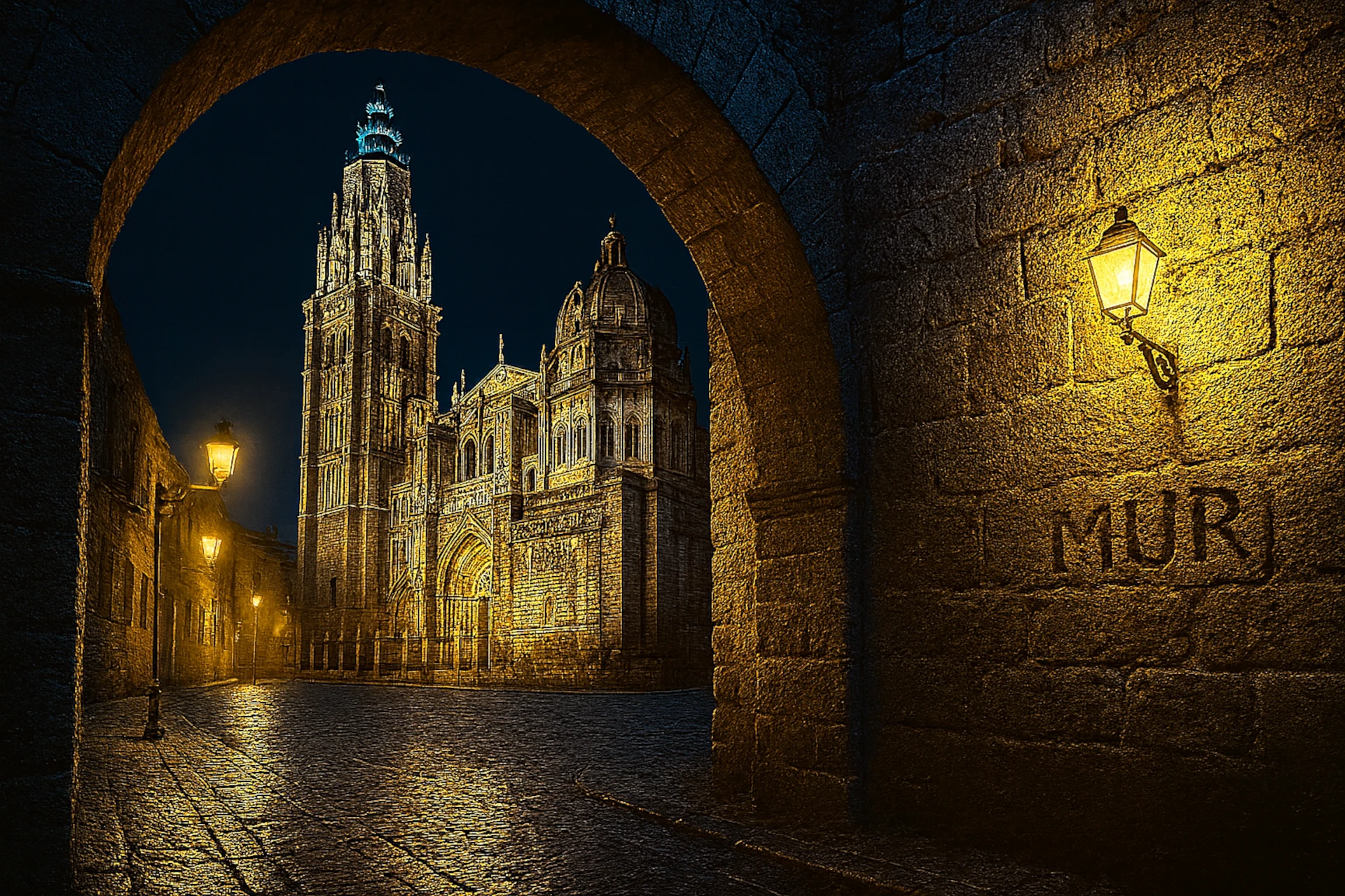 Misterios de Toledo: Catedral de Toledo de noche, farolas cálidas y arco de piedra con “MUR”