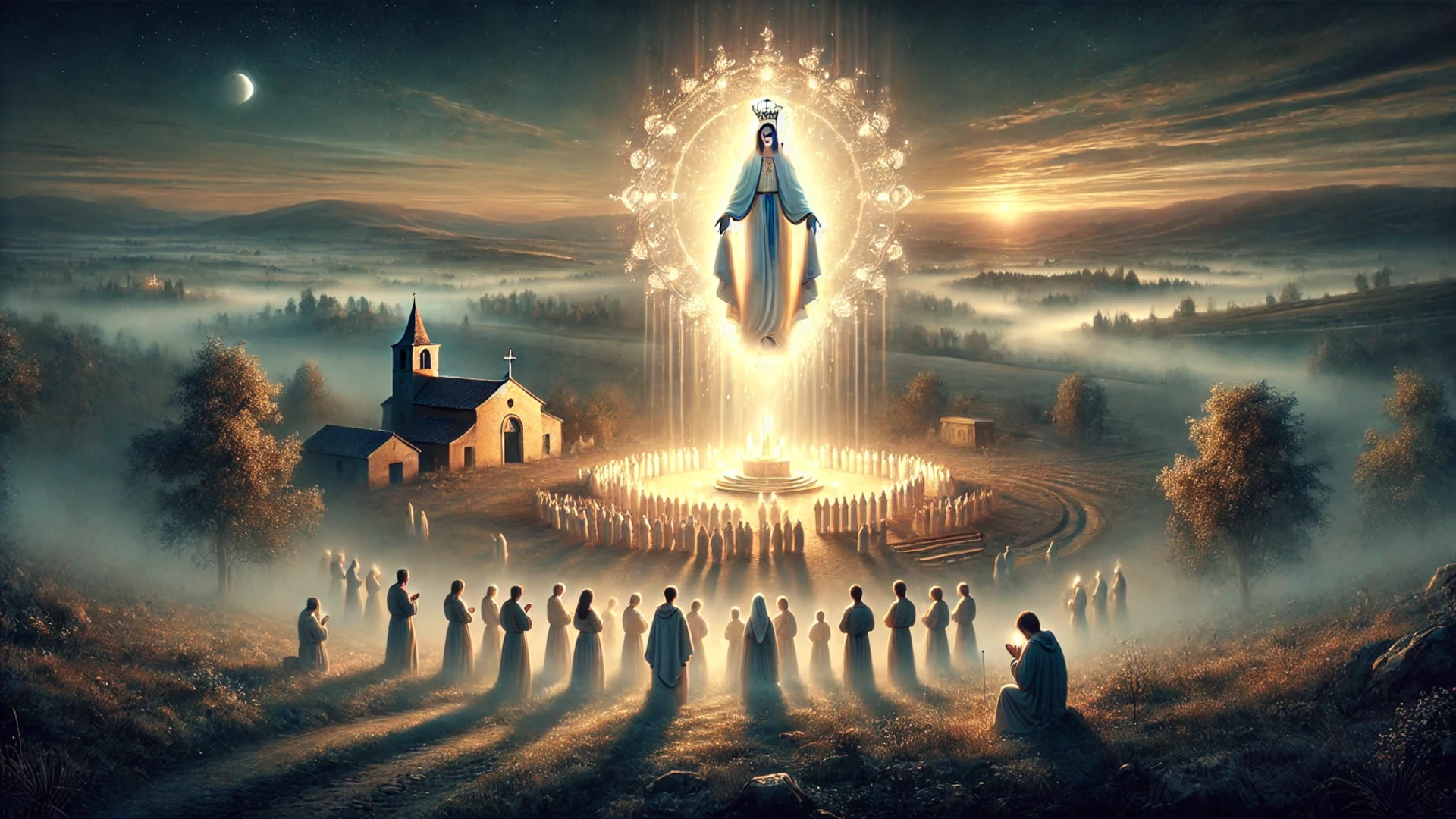 Cuatro niñas en estado de éxtasis subiendo una cuesta empedrada en Garabandal, con la figura de la Virgen al fondo iluminada por un aura celestial.