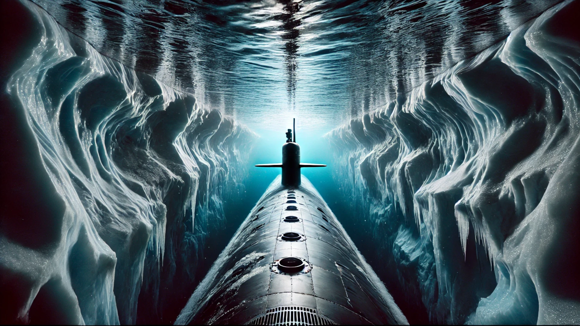 Submarino sumergiéndose bajo aguas heladas de la Antártida hacia túneles submarinos misteriosos, explorando secretos en las profundidades.