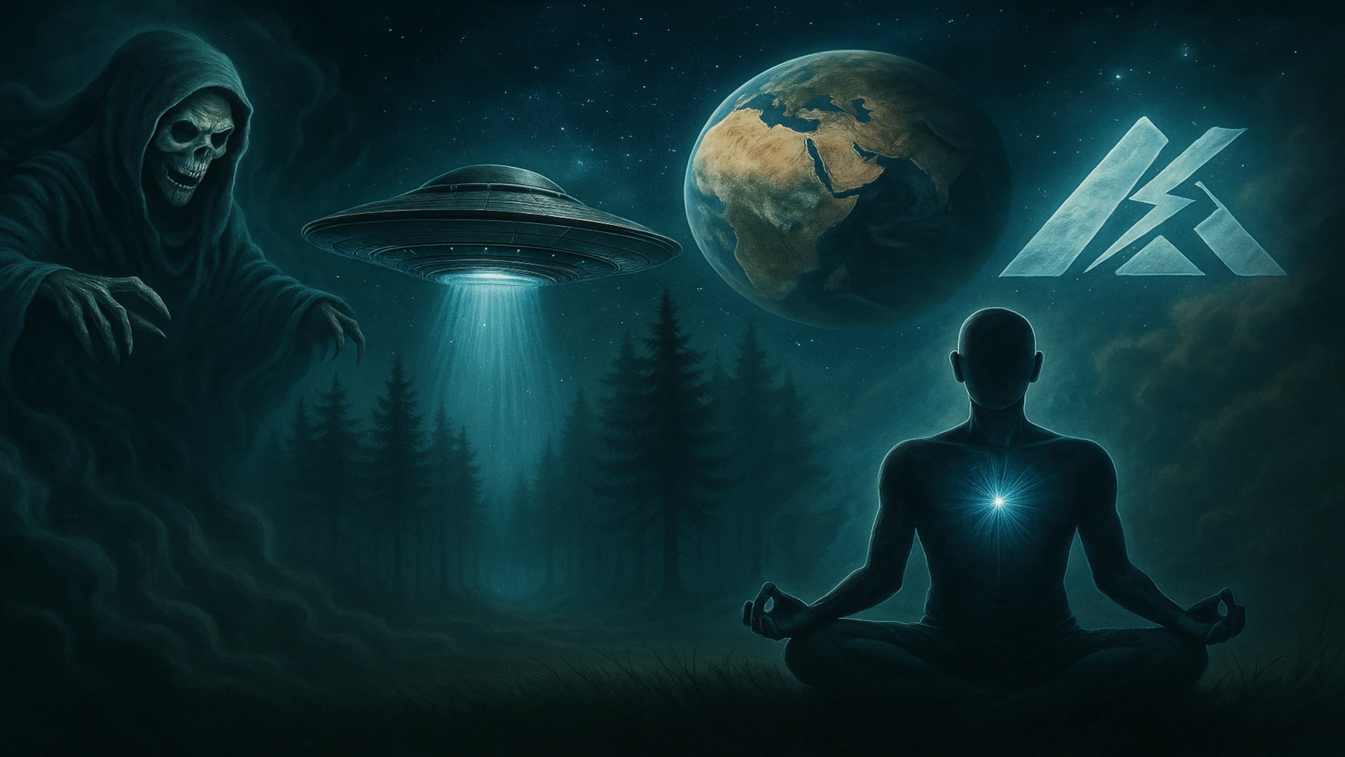 Imagen realista de misterio con figura meditativa, OVNI, entidad paranormal y símbolo esotérico. Categoría Misterios y Enigmas.