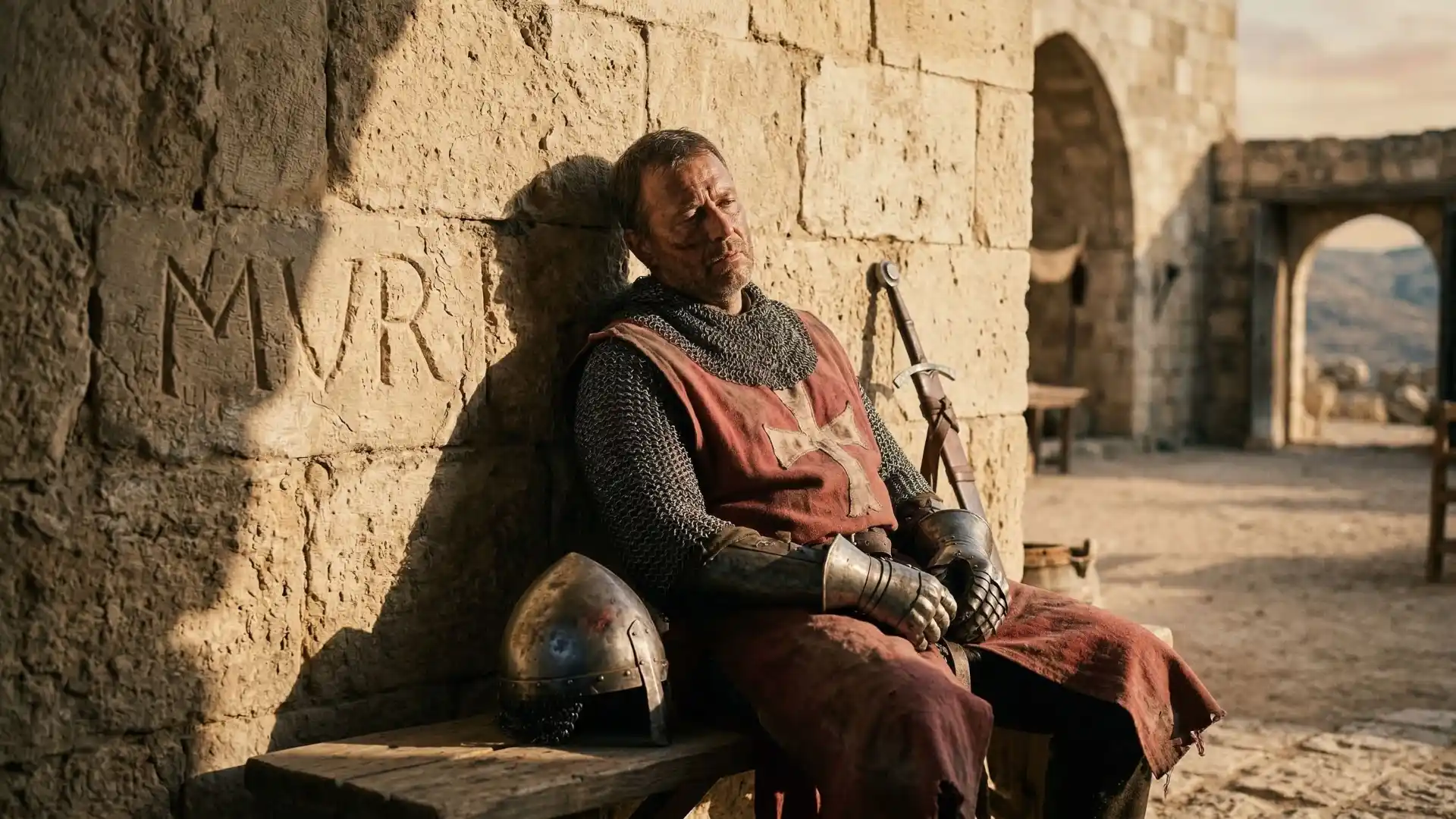 Mitos de las cruzadas: caballero cruzado descansando en una fortaleza medieval