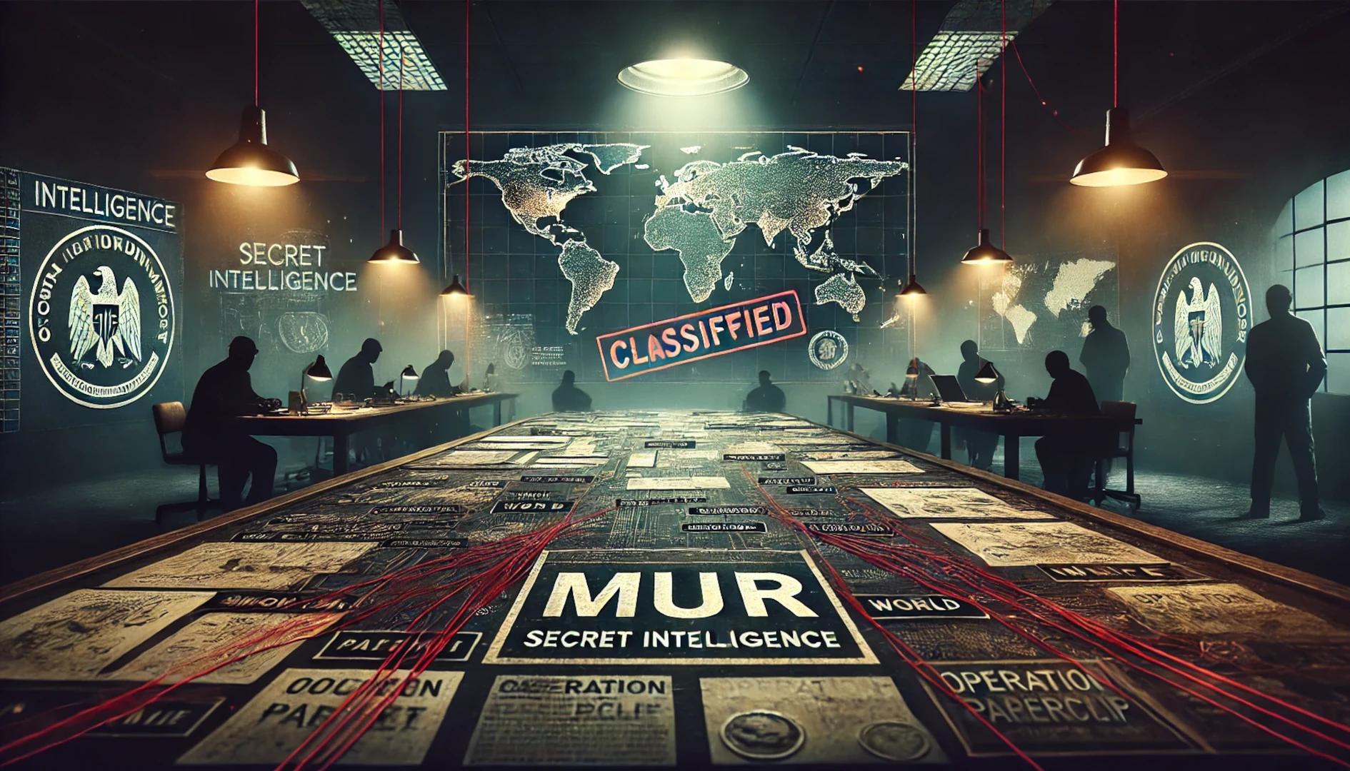 Operación Paperclip: Escena conspirativa con documentos secretos y mapas globales.